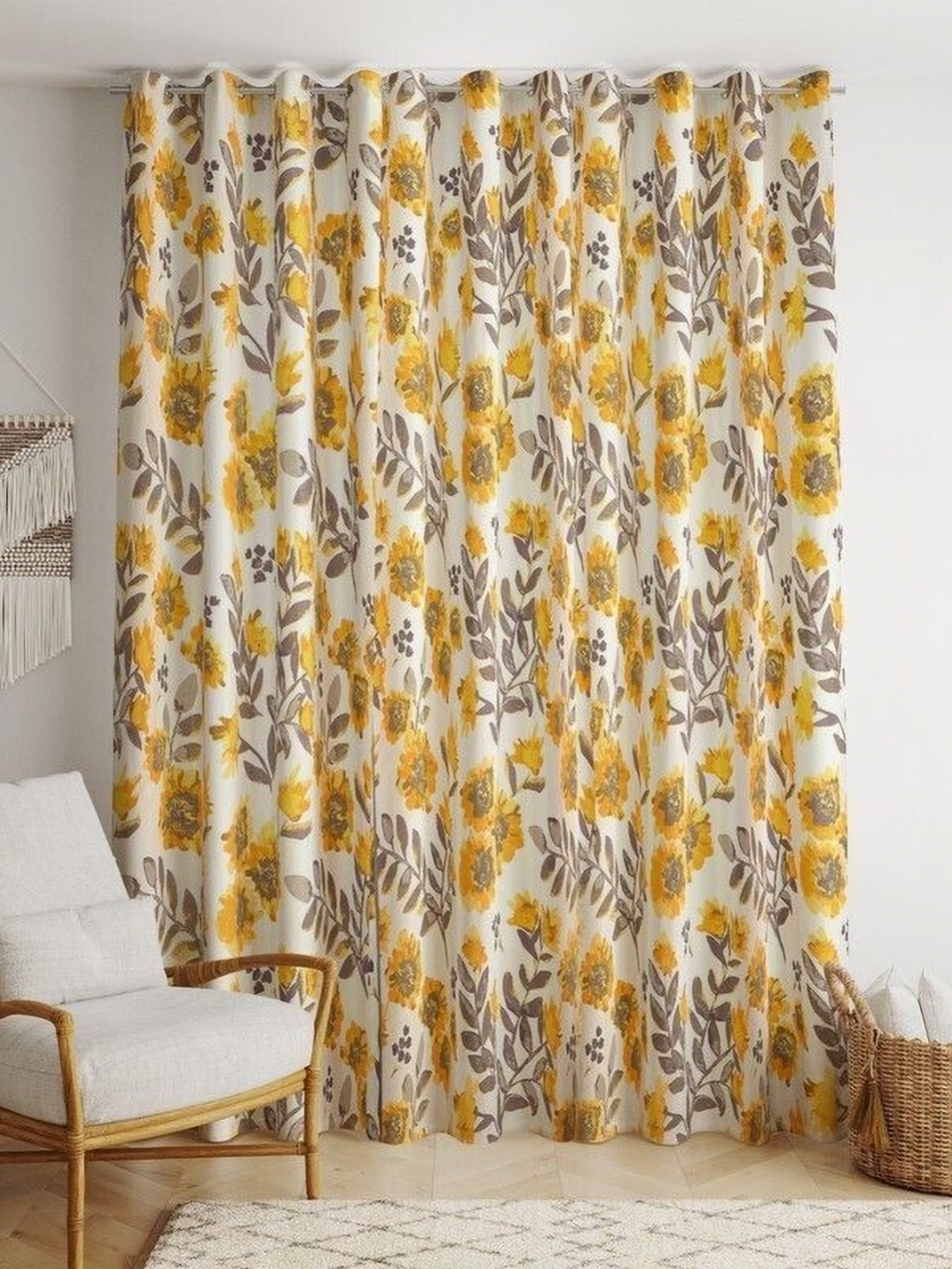 

BILBERRY Furnishing by preeti grover 1PC Yellow Grey Floral Room Darkening Window Curtain