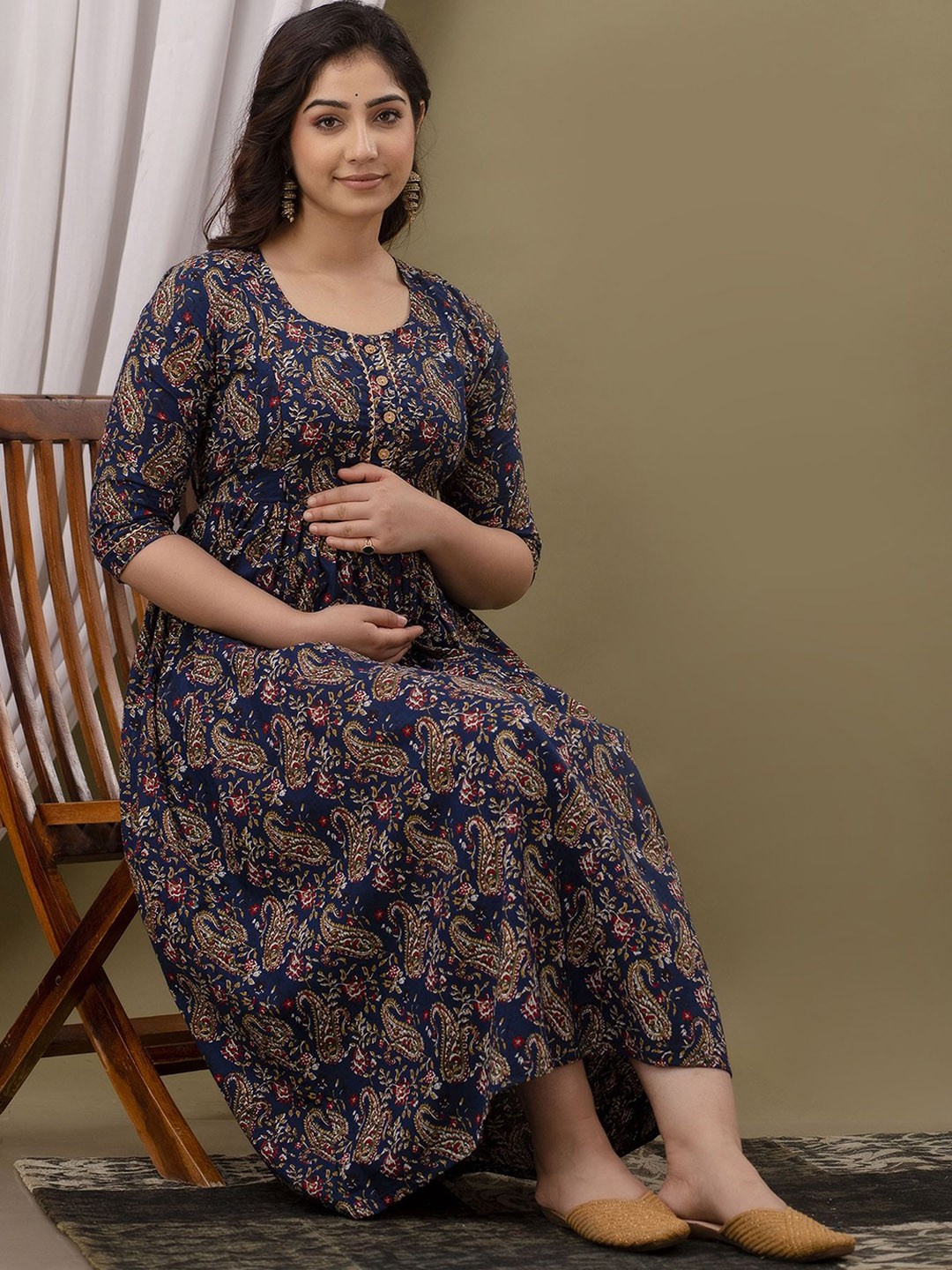 

Mialo fashion Printed Fit & Flare Maternity Feeding Ethnic Dresses, Navy blue