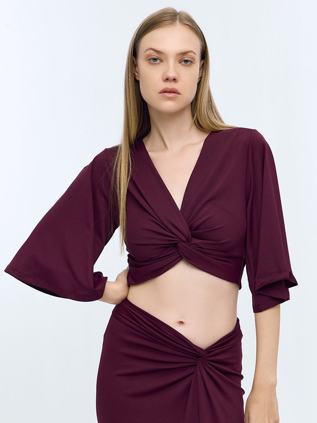 

COVER STORY Women Flared Sleeve Blouson Crop Top, Purple
