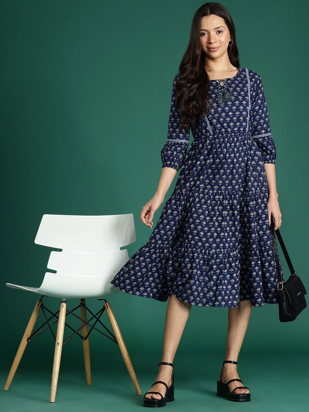 

Deewa Colourblocked Print Fit & Flare Maxi Dress, Navy blue