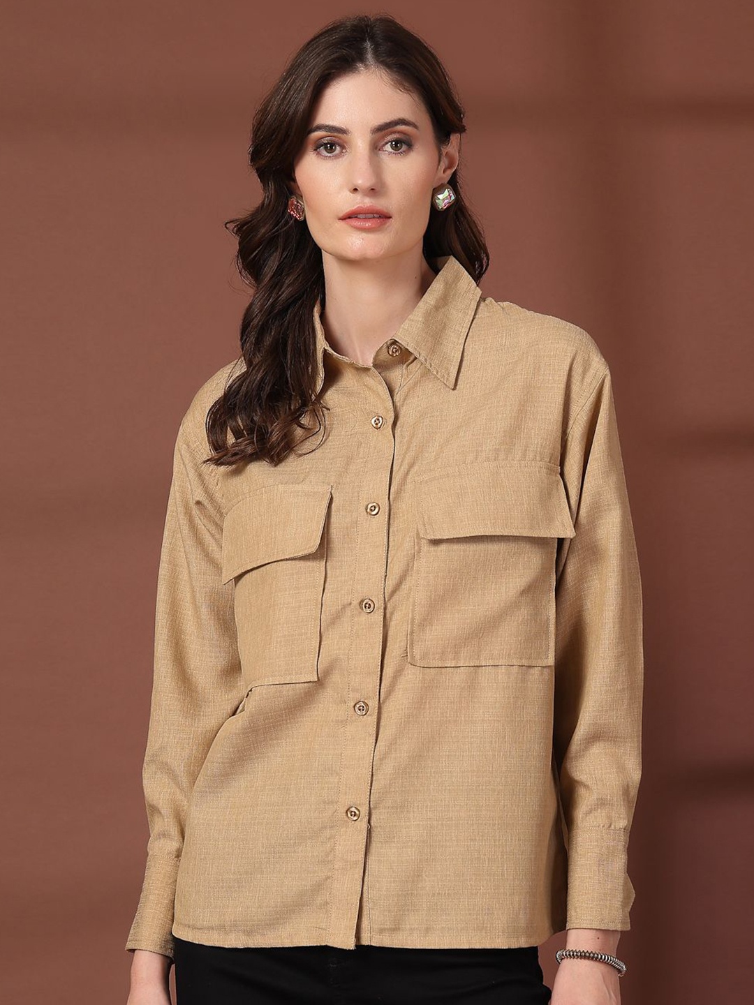 

plusS Women Opaque Casual Shirt, Beige