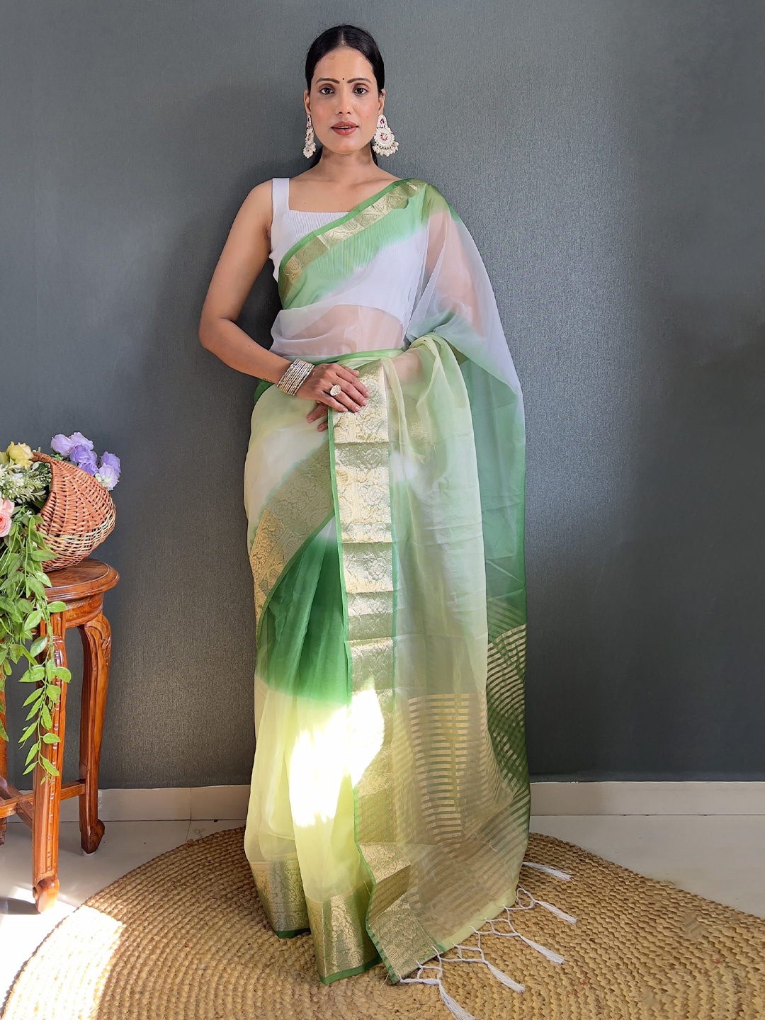 

KALINI Tie and Dye Zari Organza Leheriya Saree, Green