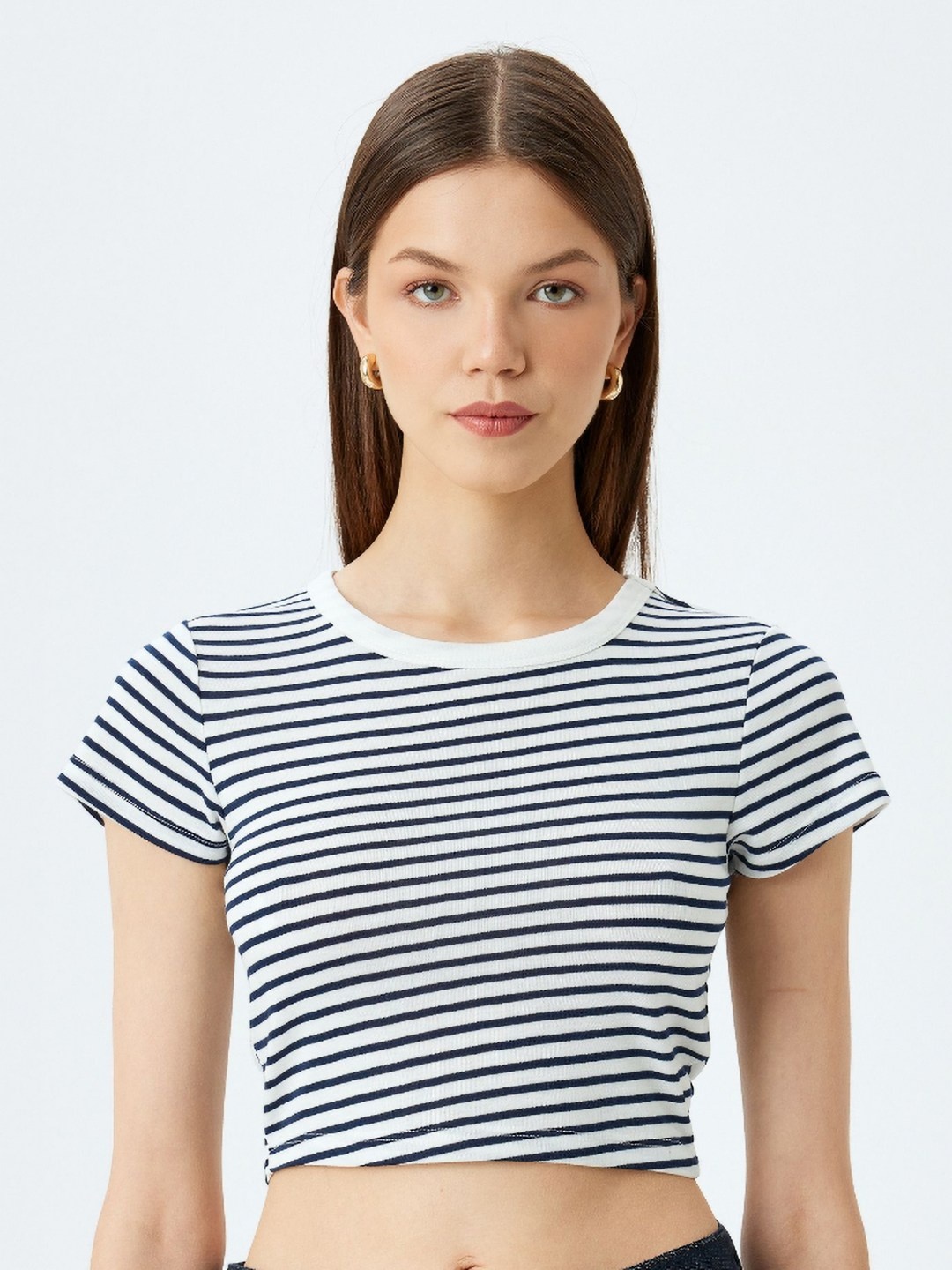 

Koton Women Striped Raw Edge Slim Fit T-shirt, Blue