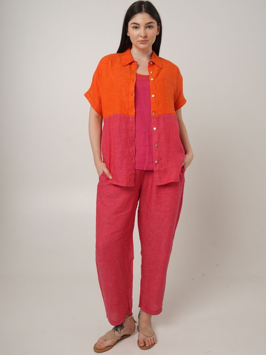 

Fabulous Colorblocked Linen Shirt & Trouser, Fuchsia