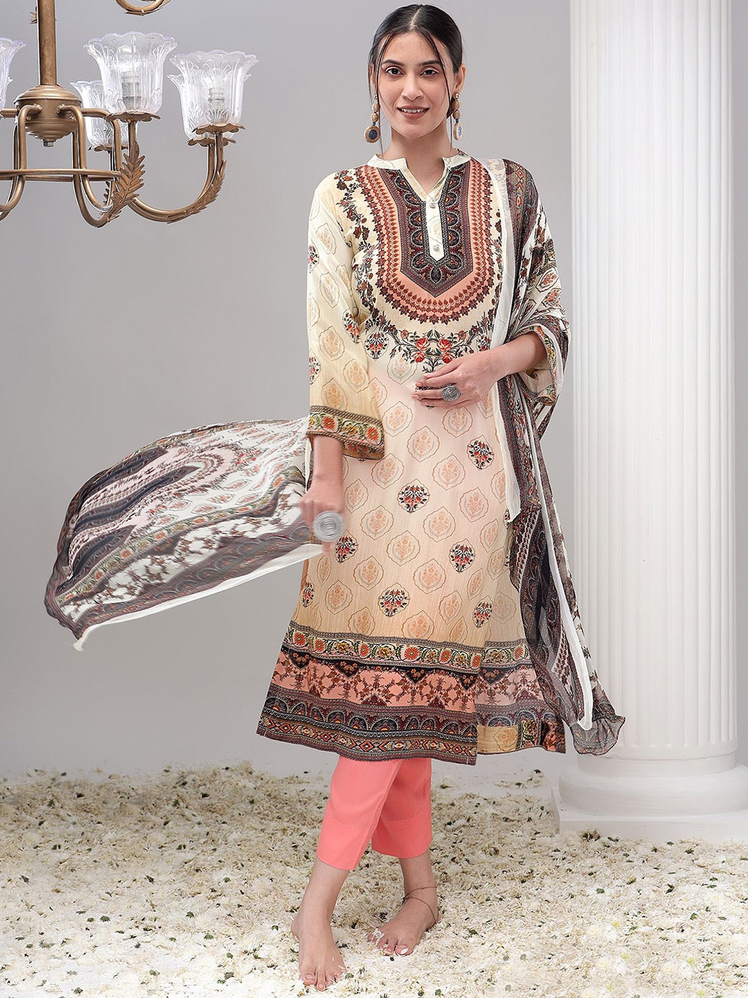 

REETI OF PRINTS Unstitched Dress Material, Cream