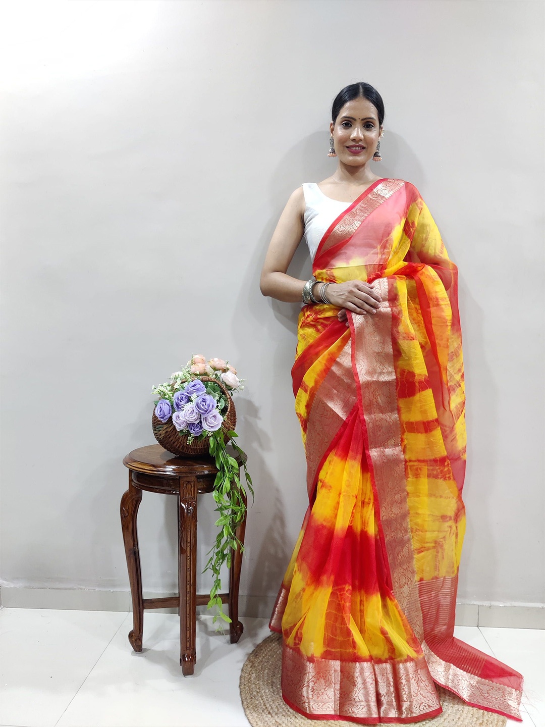 

KALINI Tie and Dye Zari Organza Leheriya Saree, Yellow