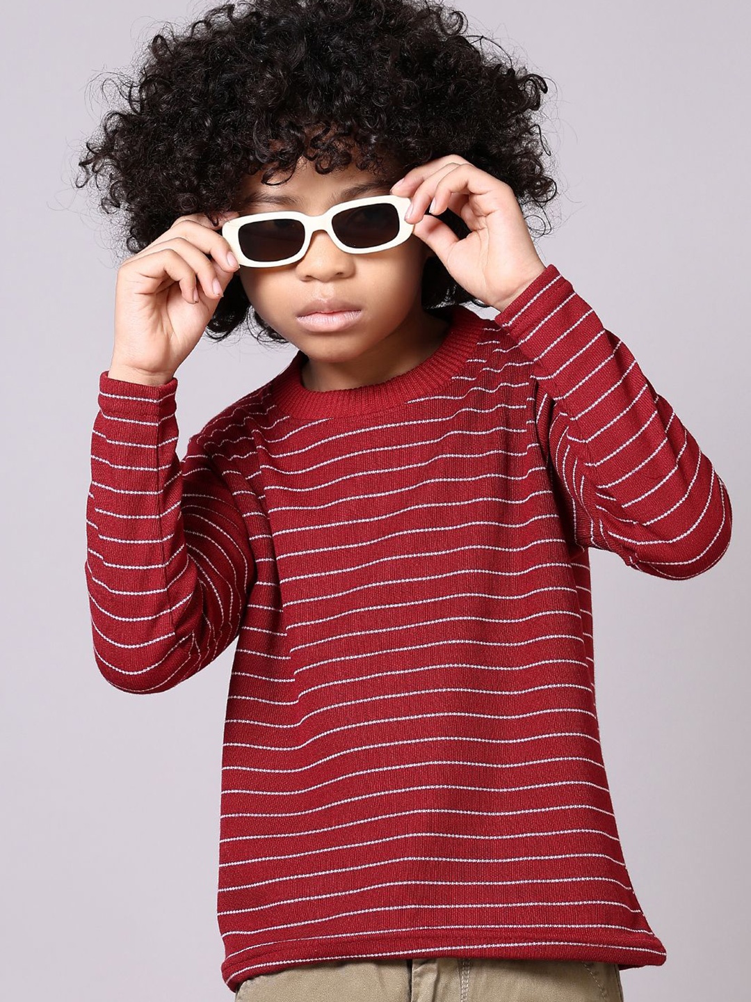 

V-Mart Boys Striped Round Neck Pullover, Maroon