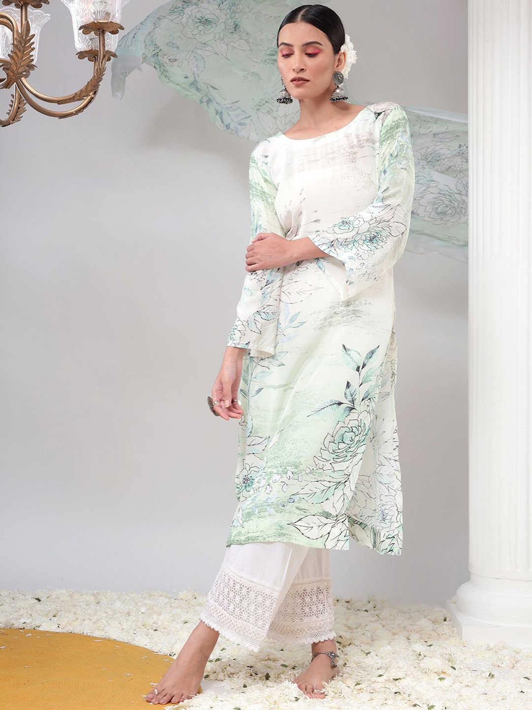 

REETI OF PRINTS Unstitched Dress Material, White