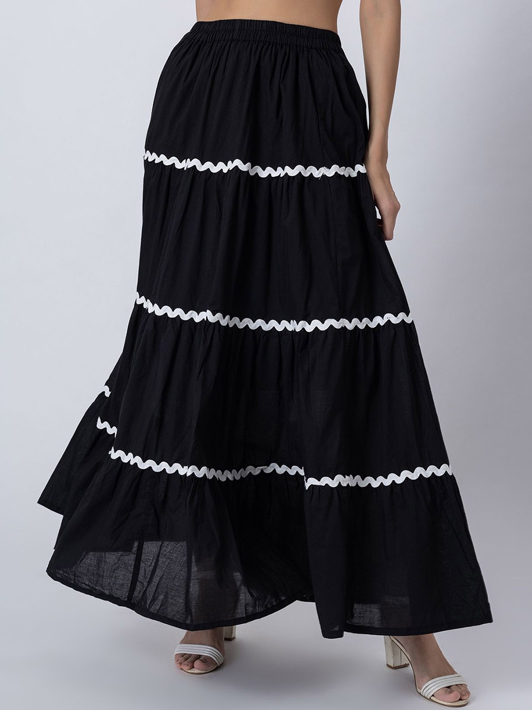 

Moomaya Pure Cotton Tiered Maxi Skirts, Black