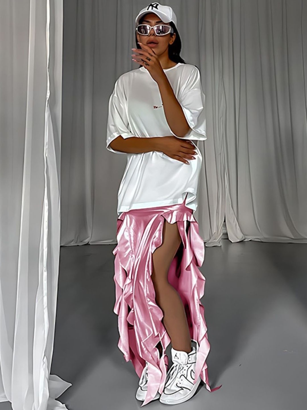 

KPOP Women Asymmetric Slip-On Maxi Skirt, Pink