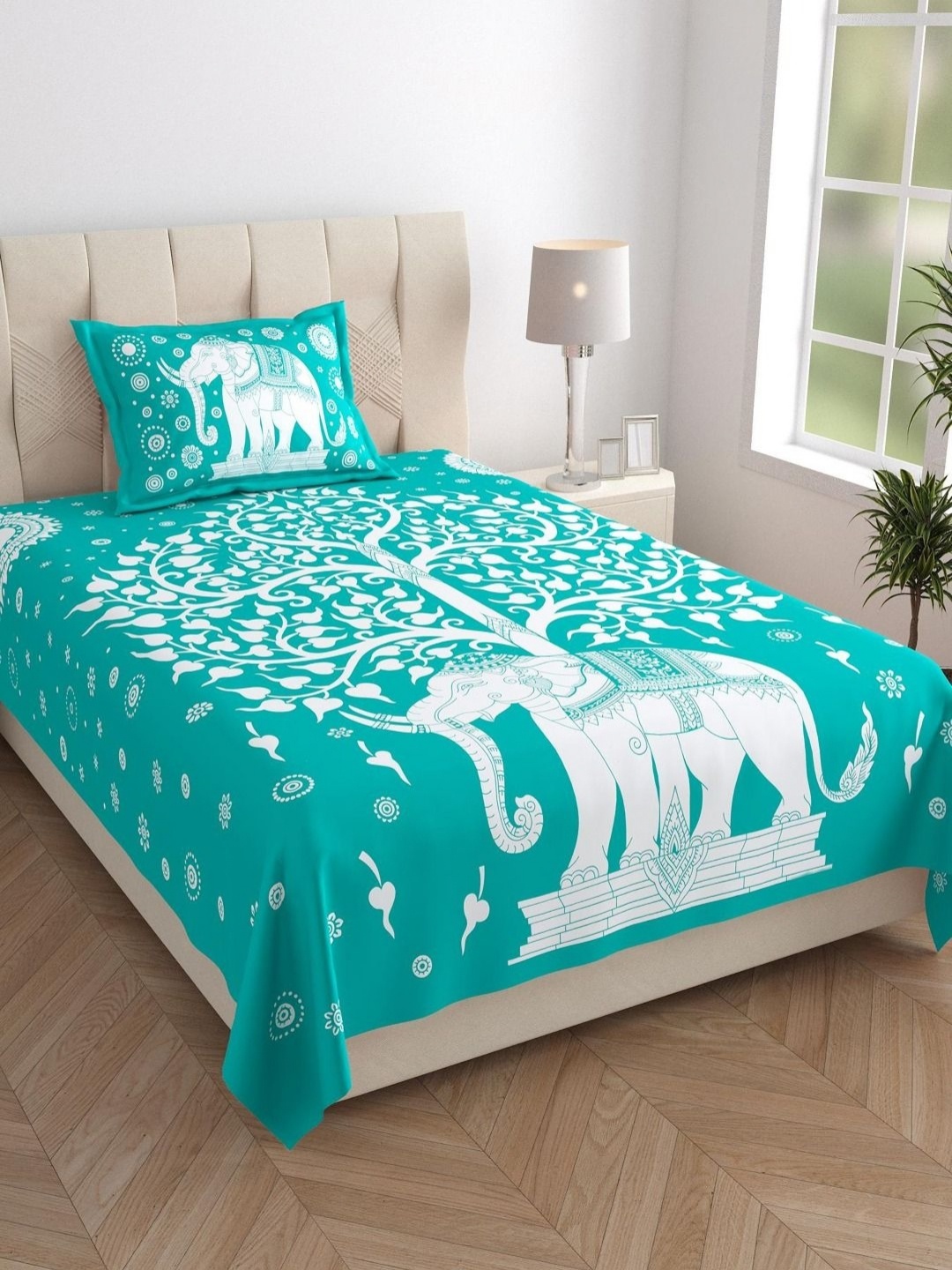 

UNIQCHOICE Turquoise Blue & White Ethnic Motifs 120 TC Single Bedsheet with 1 Pillow Covers