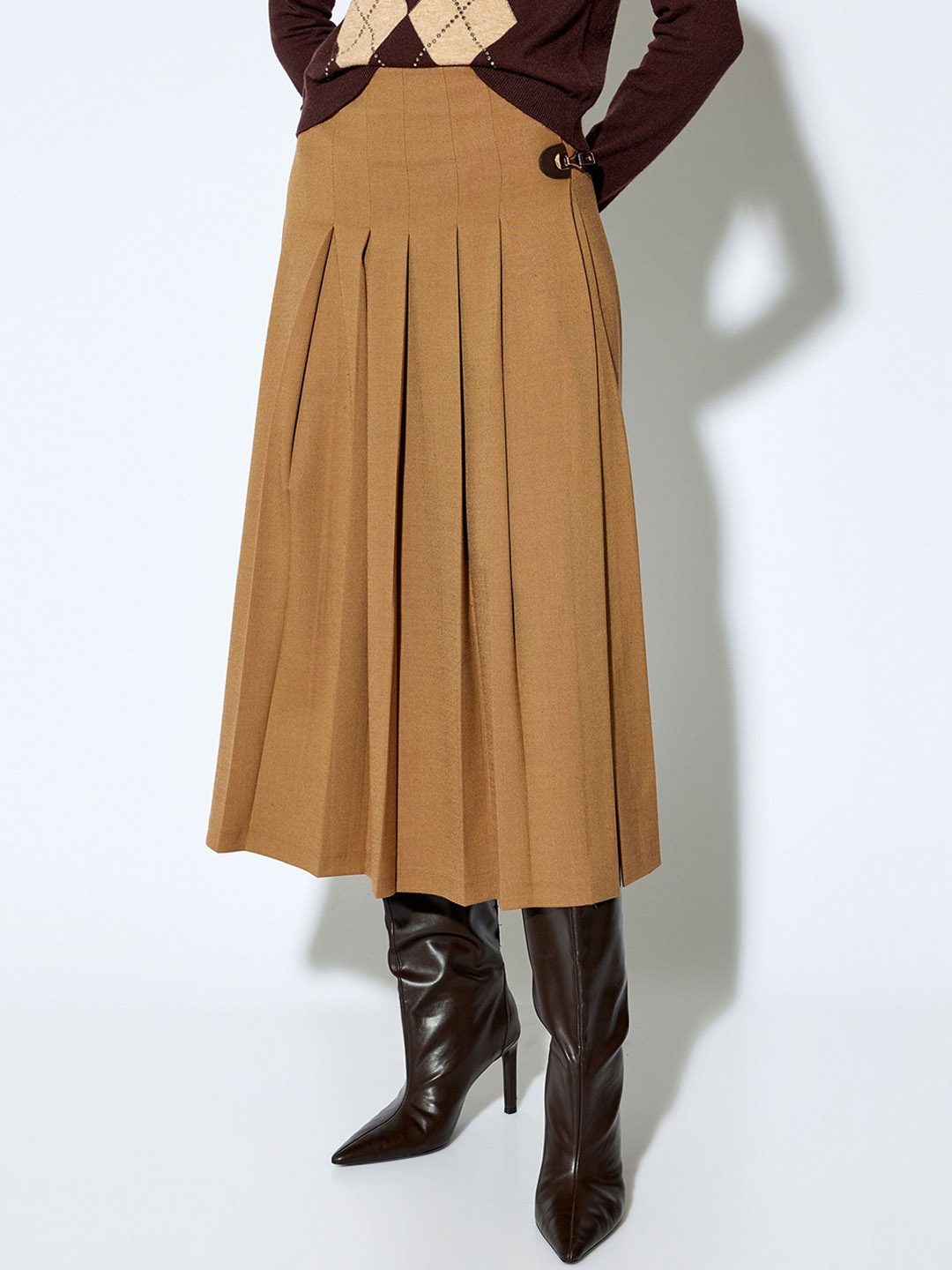 

Koton Pleated Midi Flared Slit Skirt, Camel brown