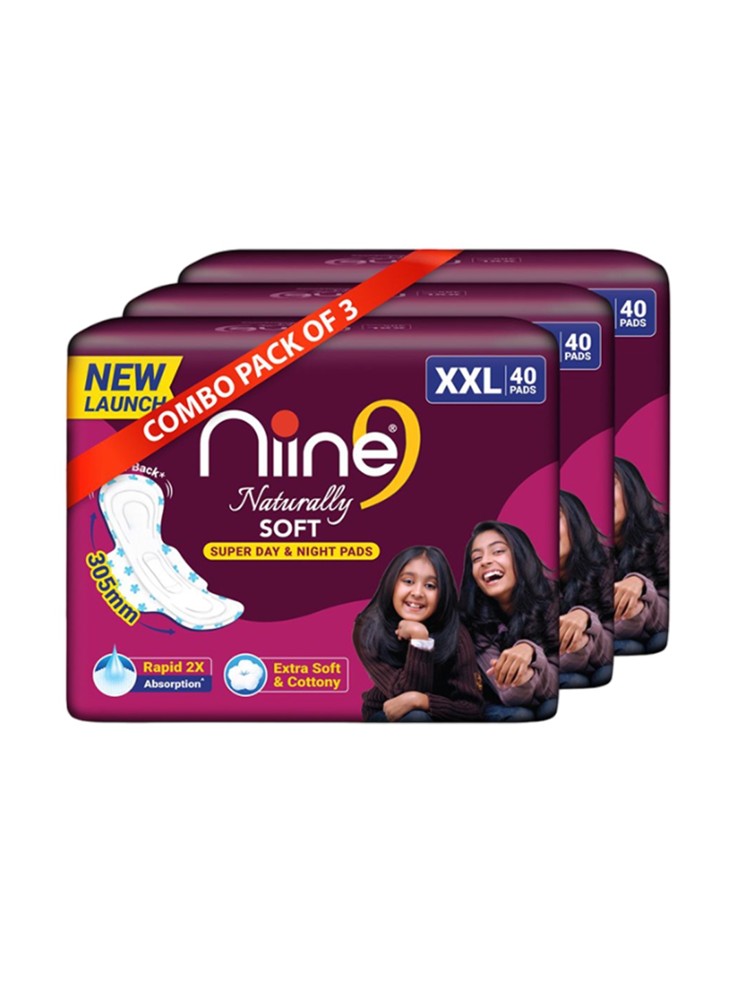 

Niine Set Of 3 Naturally Soft Quick Absorption Sanitary Pads- 40 Pads Each, White