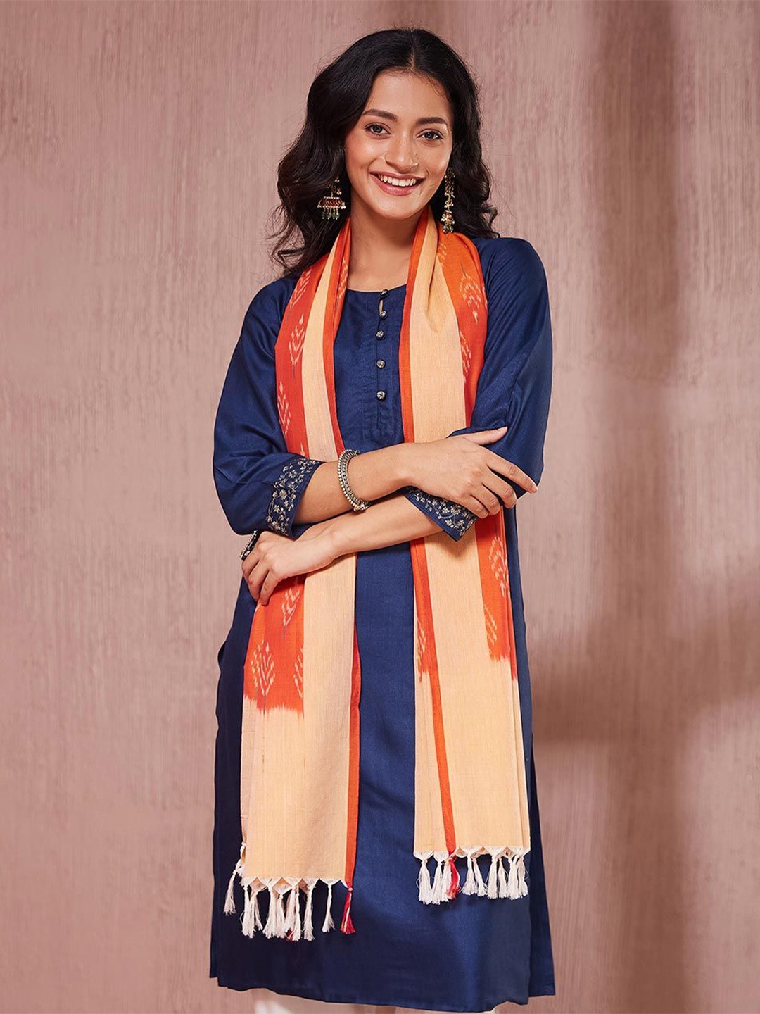 

Fabindia Women Cotton Ethnic Motifs Woven Design Stole, Orange