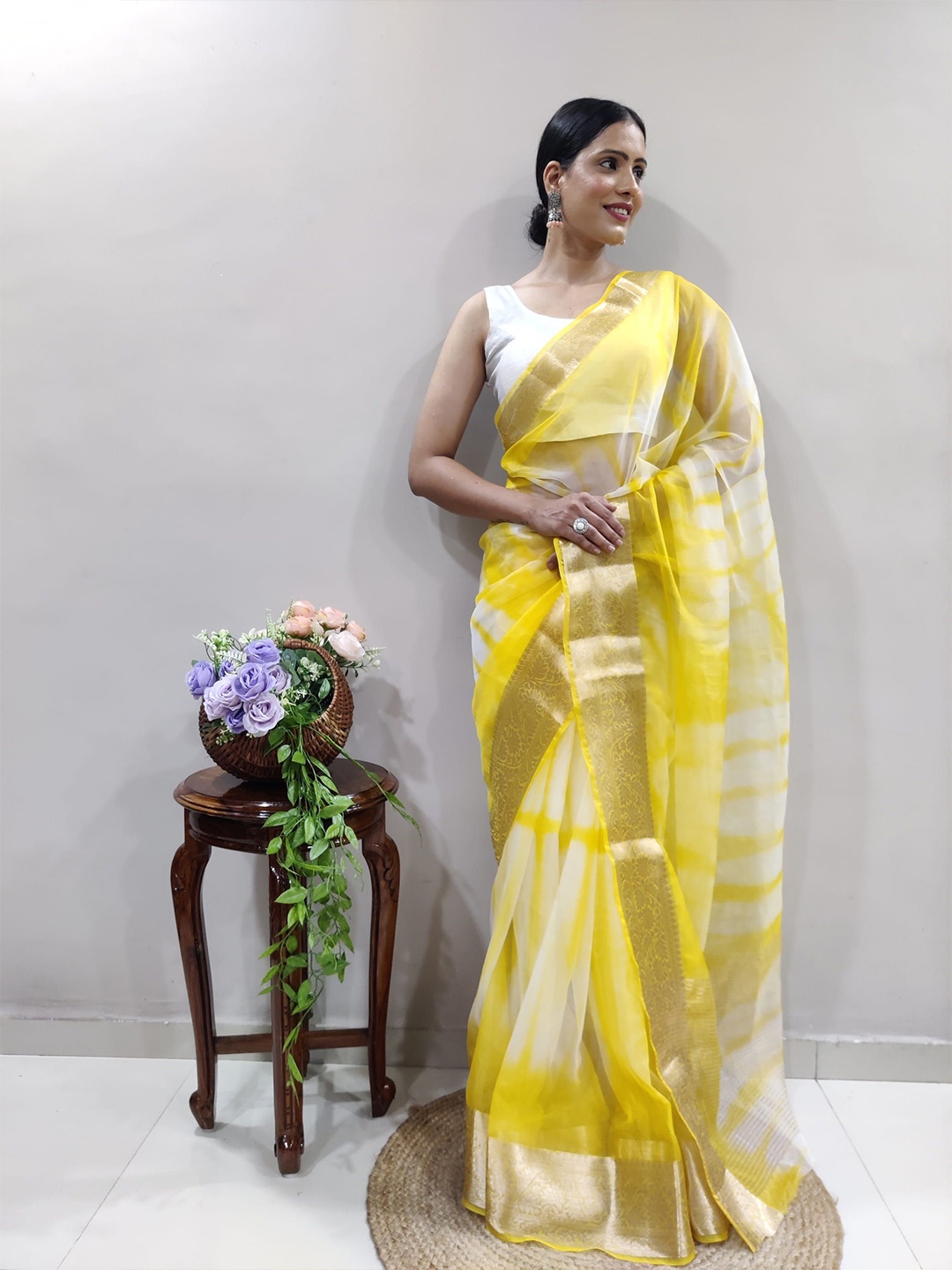 

KALINI Tie and Dye Zari Organza Leheriya Saree, Yellow