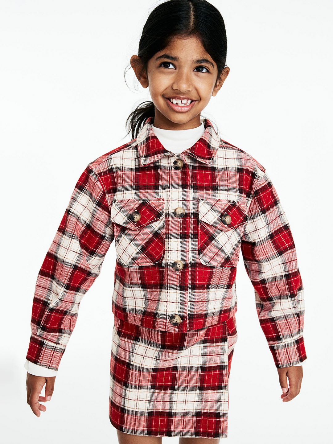 

H&M Girls Cropped Flannel Jacket, Red