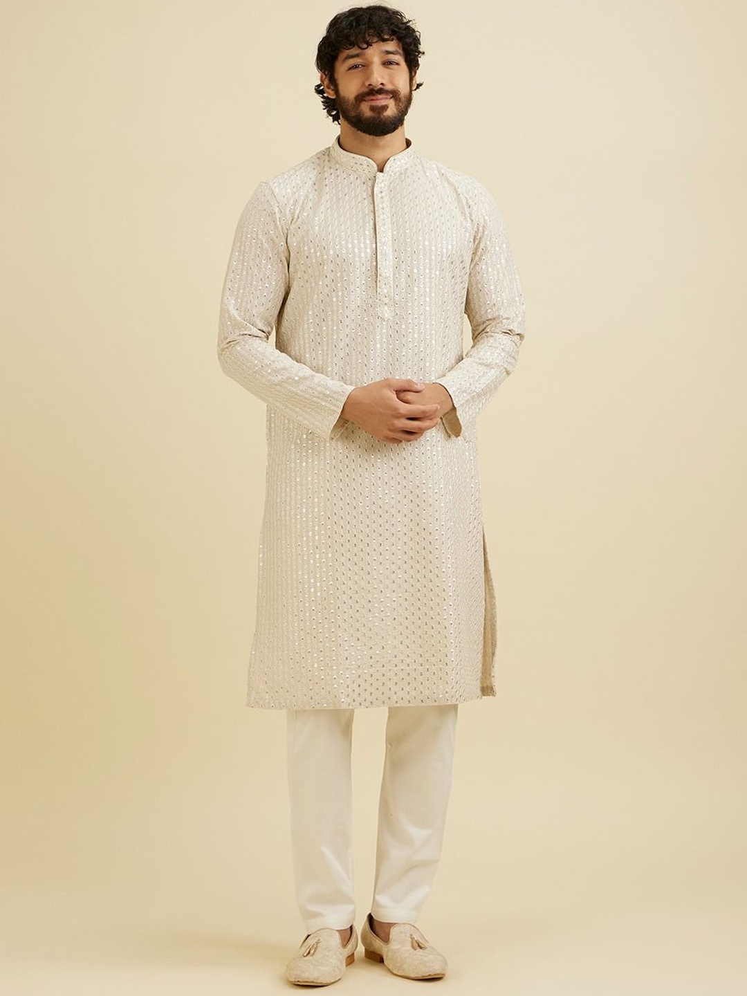 

Manyavar Men Ethnic Motifs Embroidered Regular Sequinned Kurta with Pyjamas, Beige