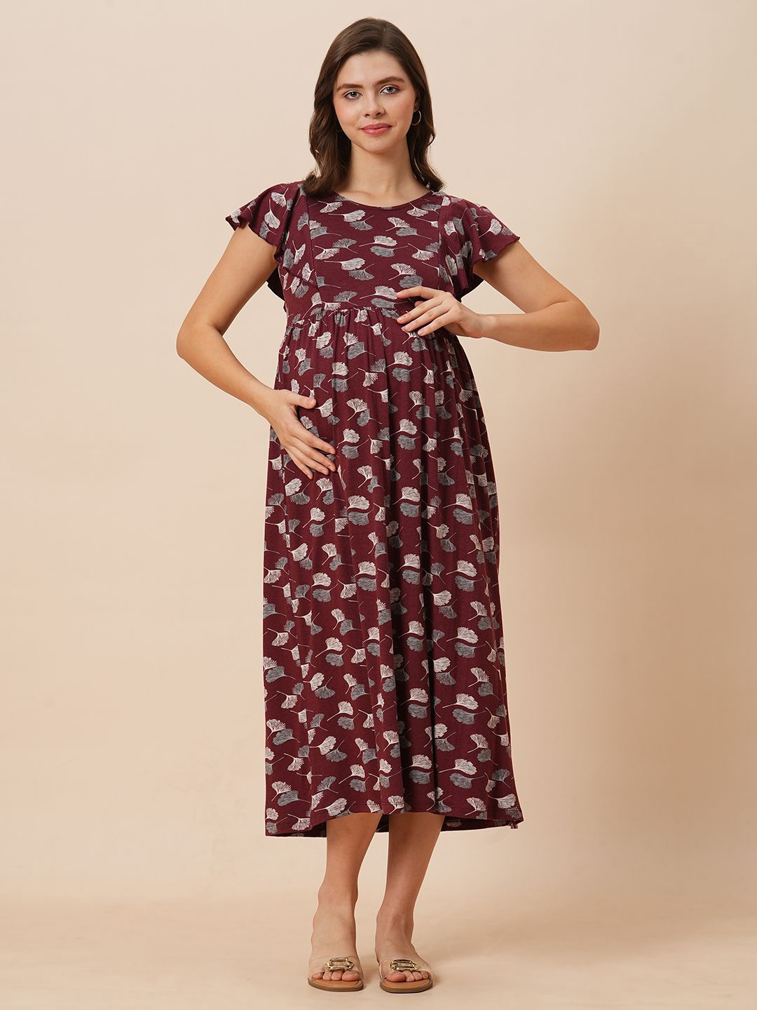 

Inner Sense Women Floral Printed Flutter Sleeve Organic Cotton Maternity Maxi Dress, Brown