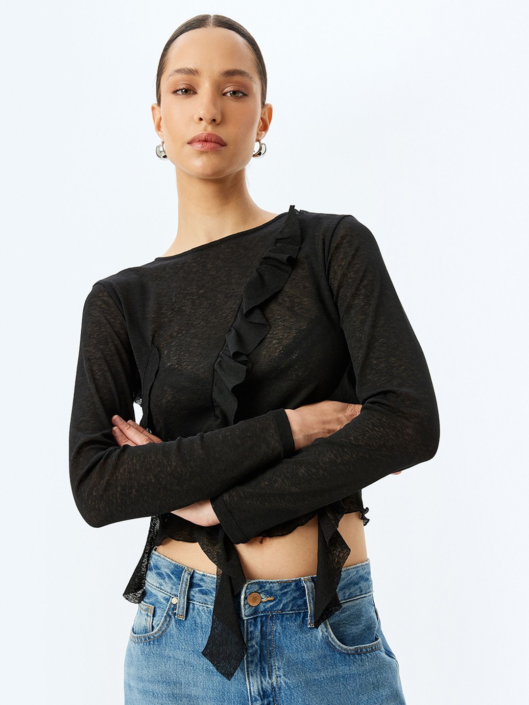 

Koton Women Striped Applique T-shirt, Black