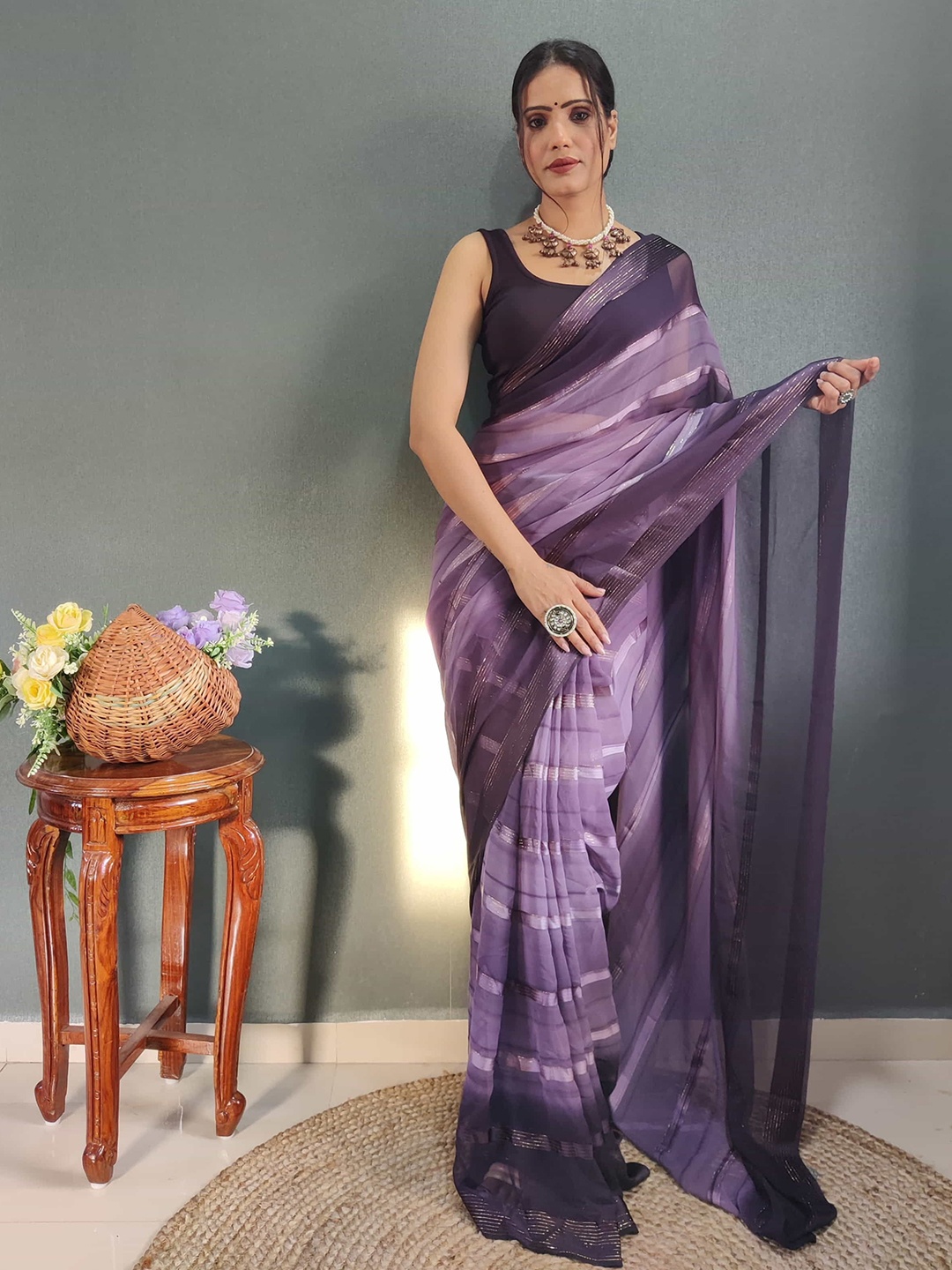 

KALINI Leheriya Zari Pure Chiffon Ready to Wear Jamdani Saree, Purple