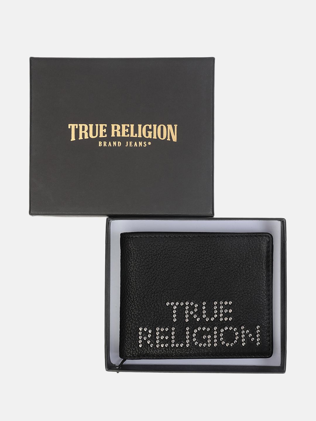 

True Religion Men Typography Textured Leather Two Fold Wallet, Black