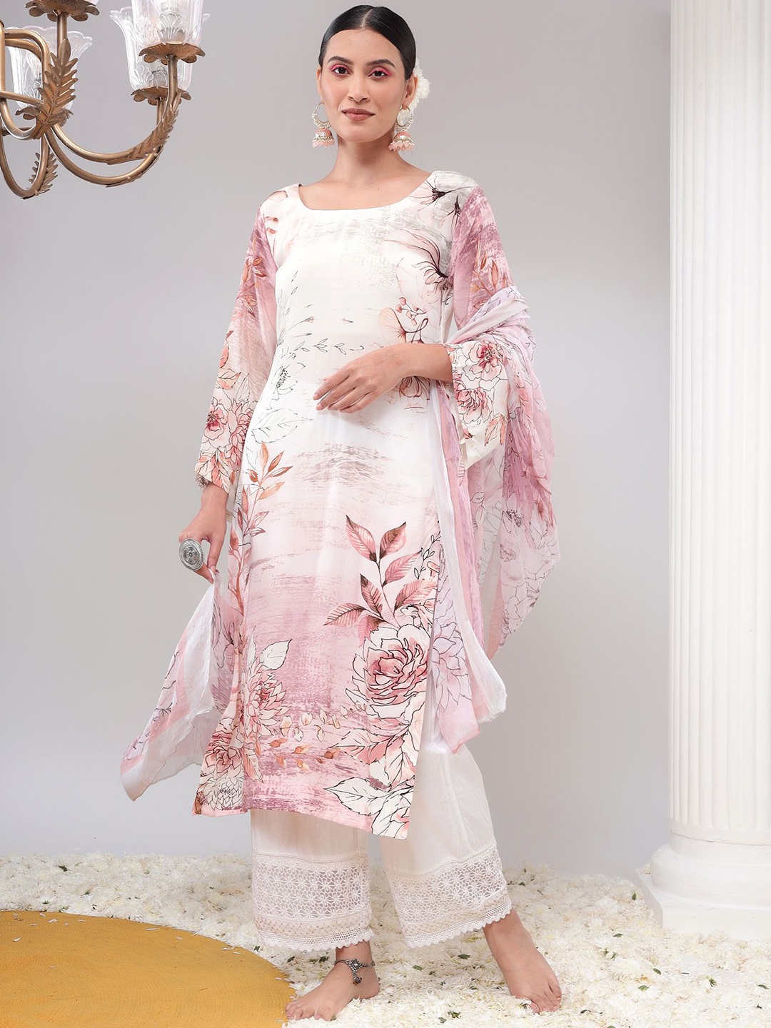 

REETI OF PRINTS Unstitched Dress Material, Cream