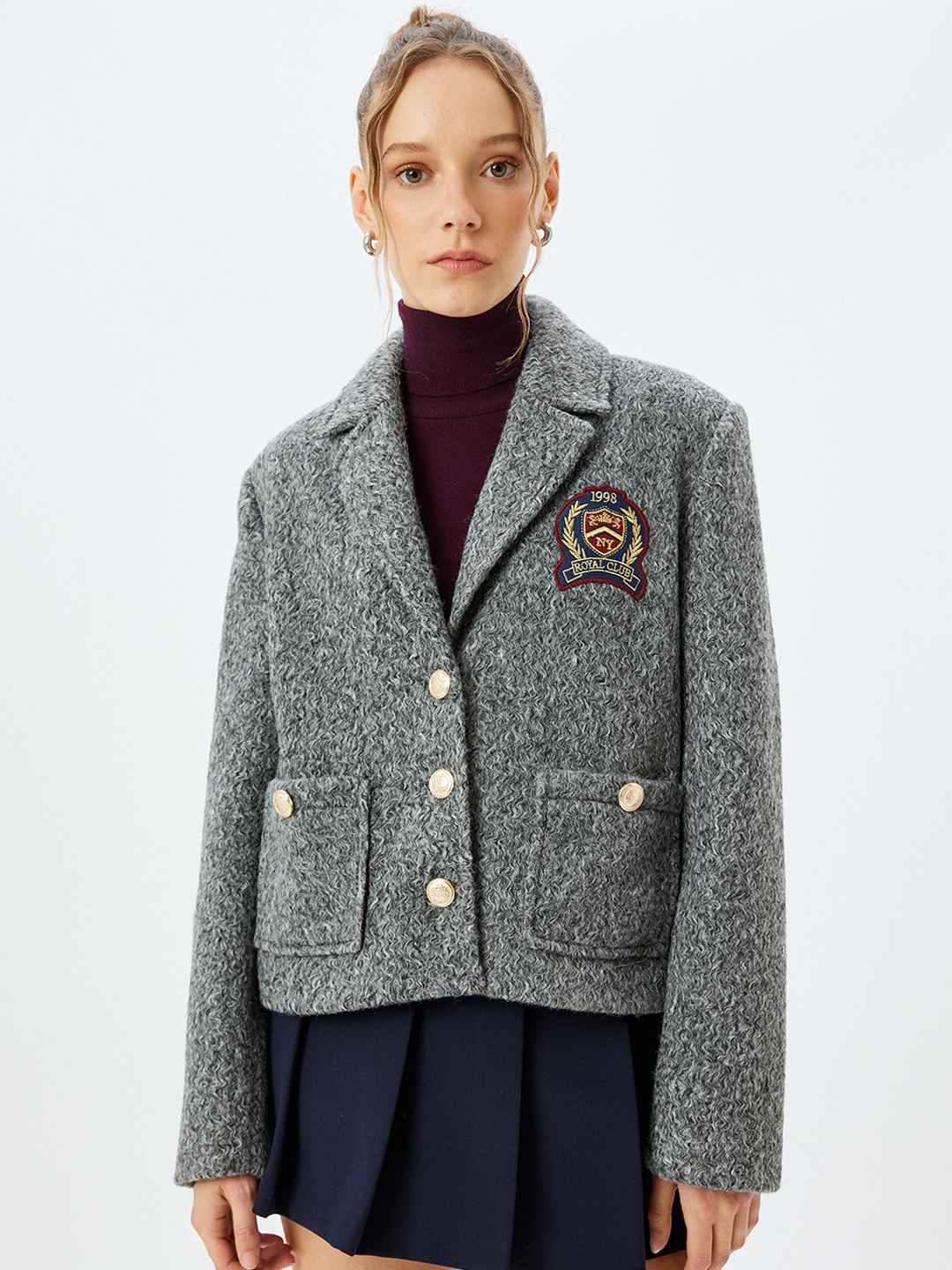 

Koton Women Tailored Jacket with Patchwork, Grey