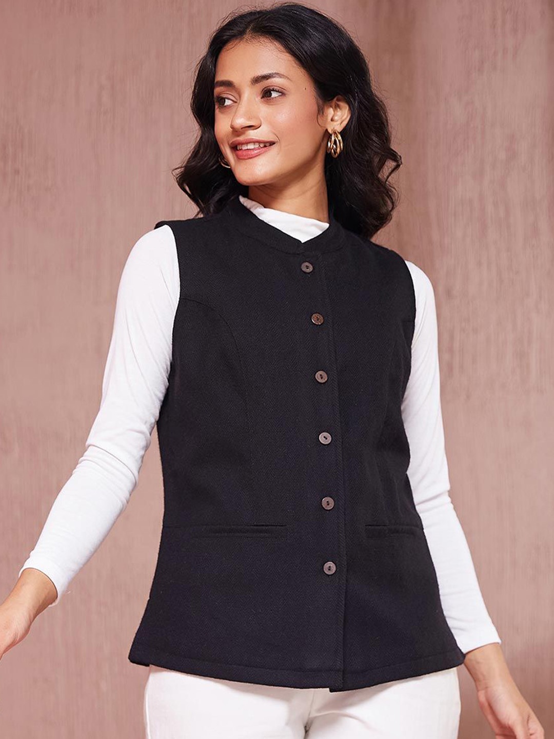 

Fabindia Woven Design Nehru Jacket, Black