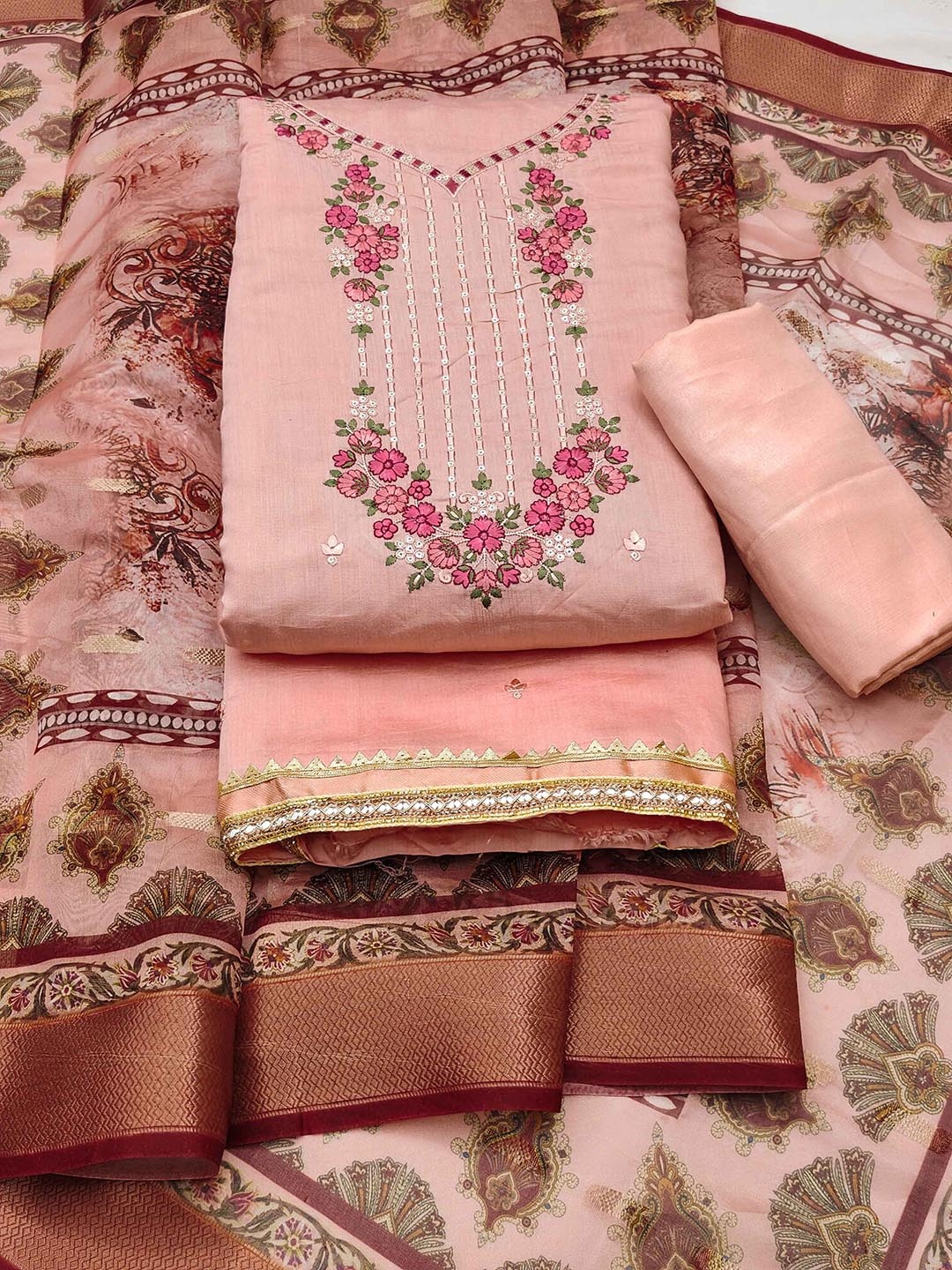 

KALINI Sequinned Embroidered Unstitched Dress Material, Peach