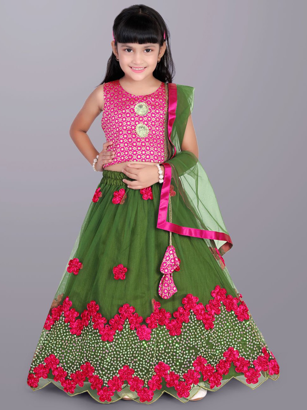 

BAESD Girls Embroidered Thread Work Ready to Wear Lehenga & Blouse With Dupatta, Olive