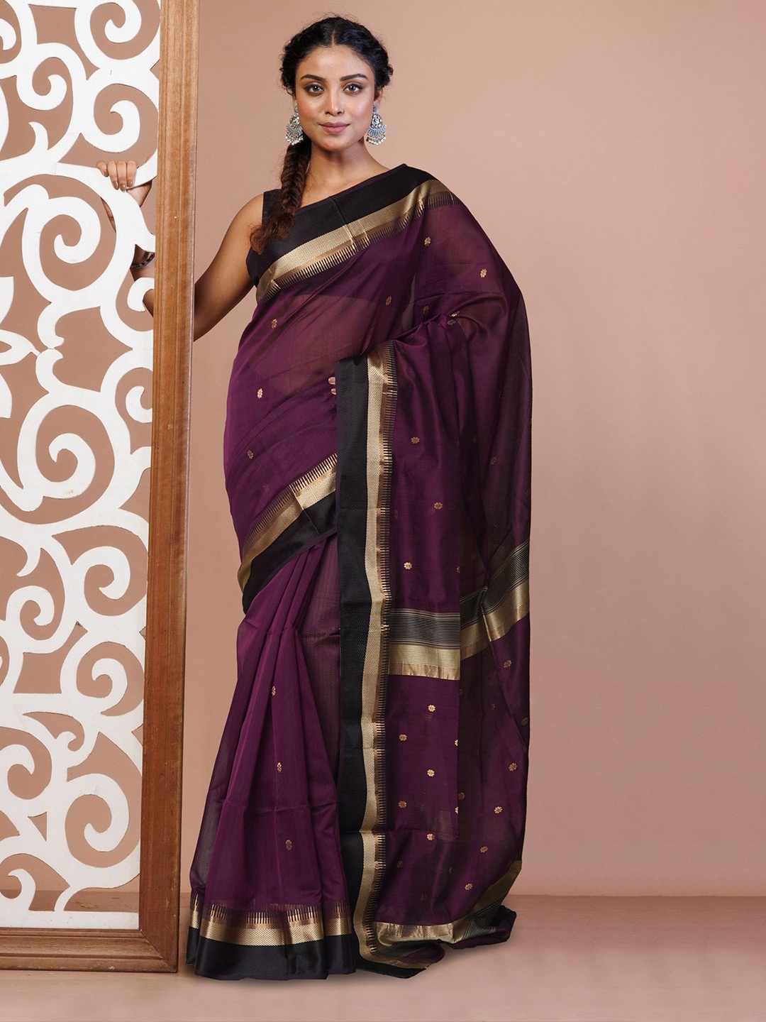 

Unnati Silks Zari Silk Cotton Handloom Maheshwari Saree, Purple