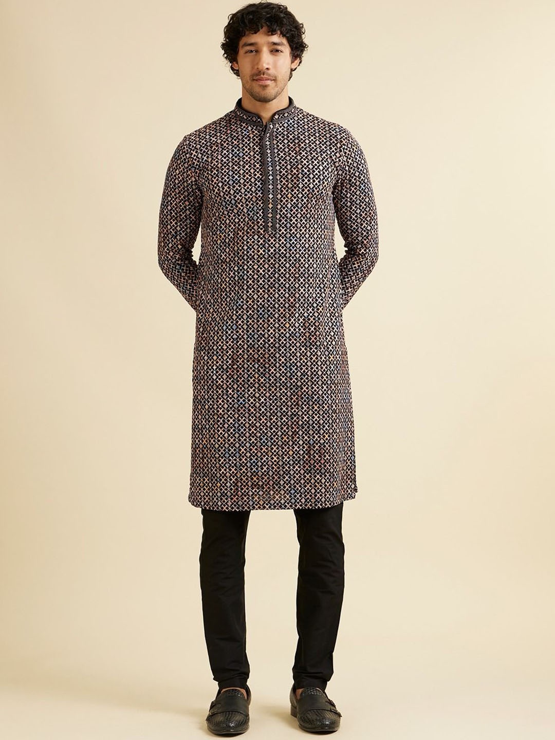 

Manyavar Men Embroidered Regular Sequinned Kurta with Pyjamas, Black