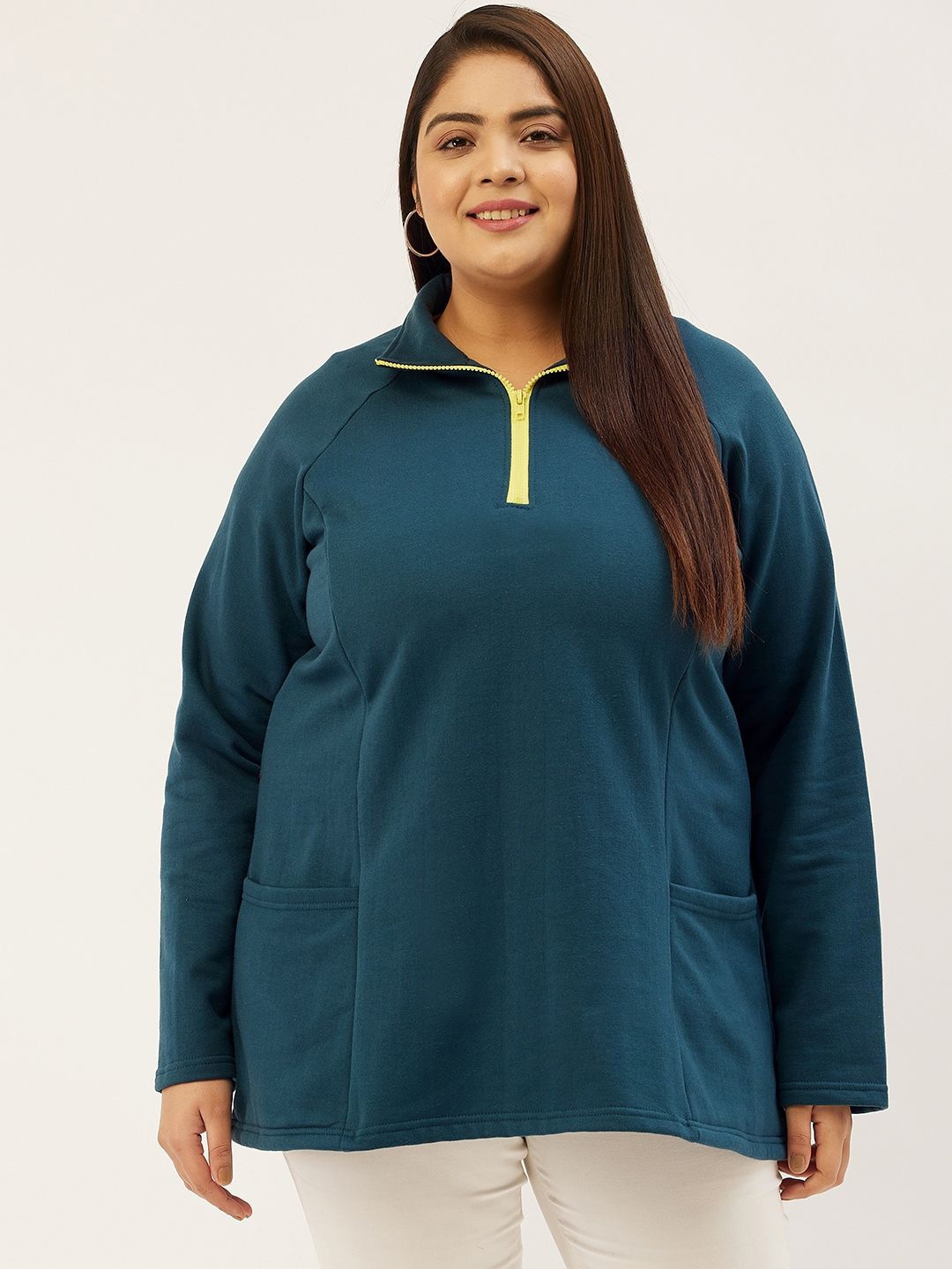 

theRebelinme Women Solid Plus Size Shirt Collar Sweatshirt, Teal