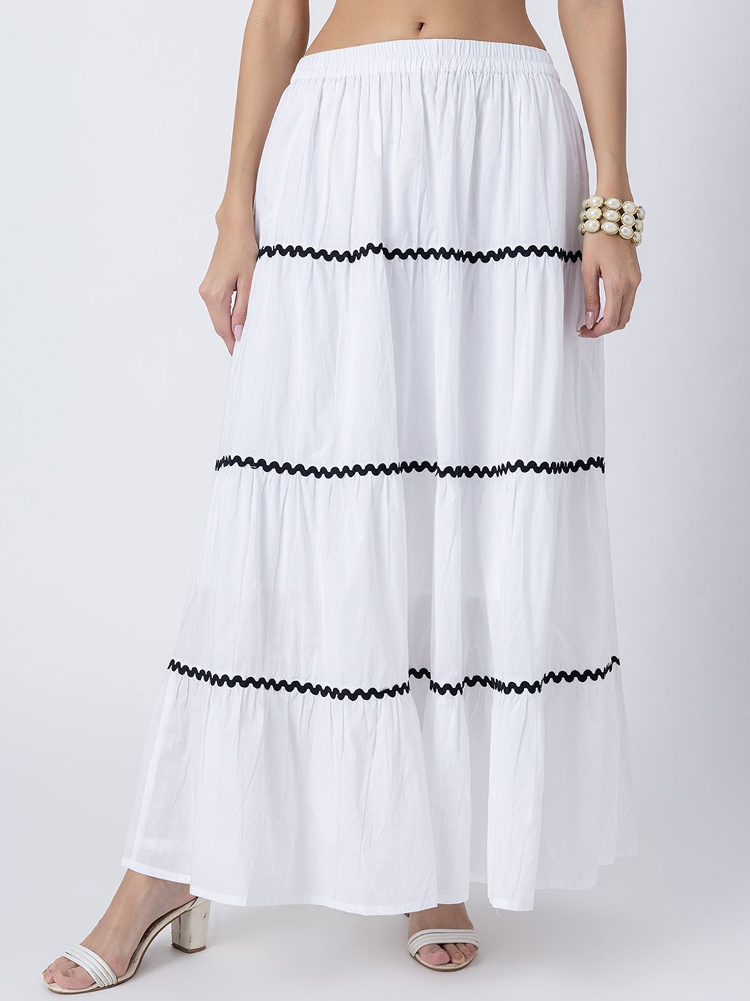 

Moomaya Cotton Cambric Loose Tiered MAxi Skirt, White