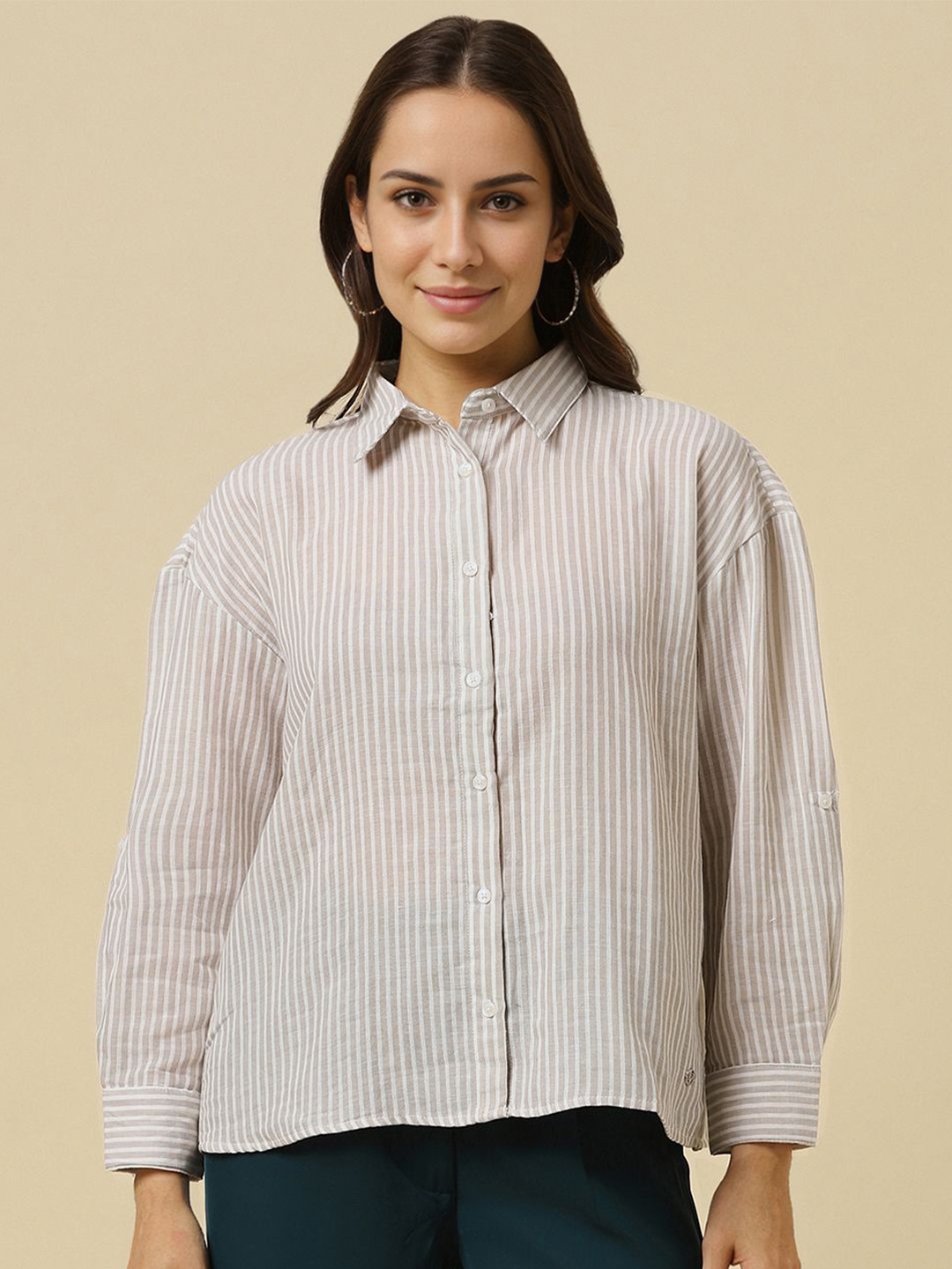 

Allen Solly Woman Women Opaque Striped Formal Shirt, Grey
