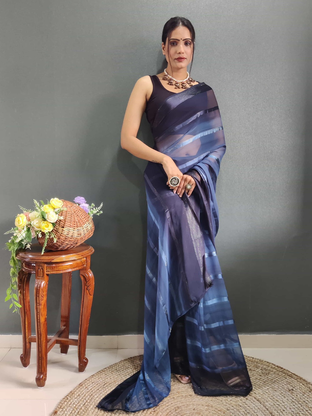 

KALINI Striped Pure Chiffon Ready to Wear Saree, Blue