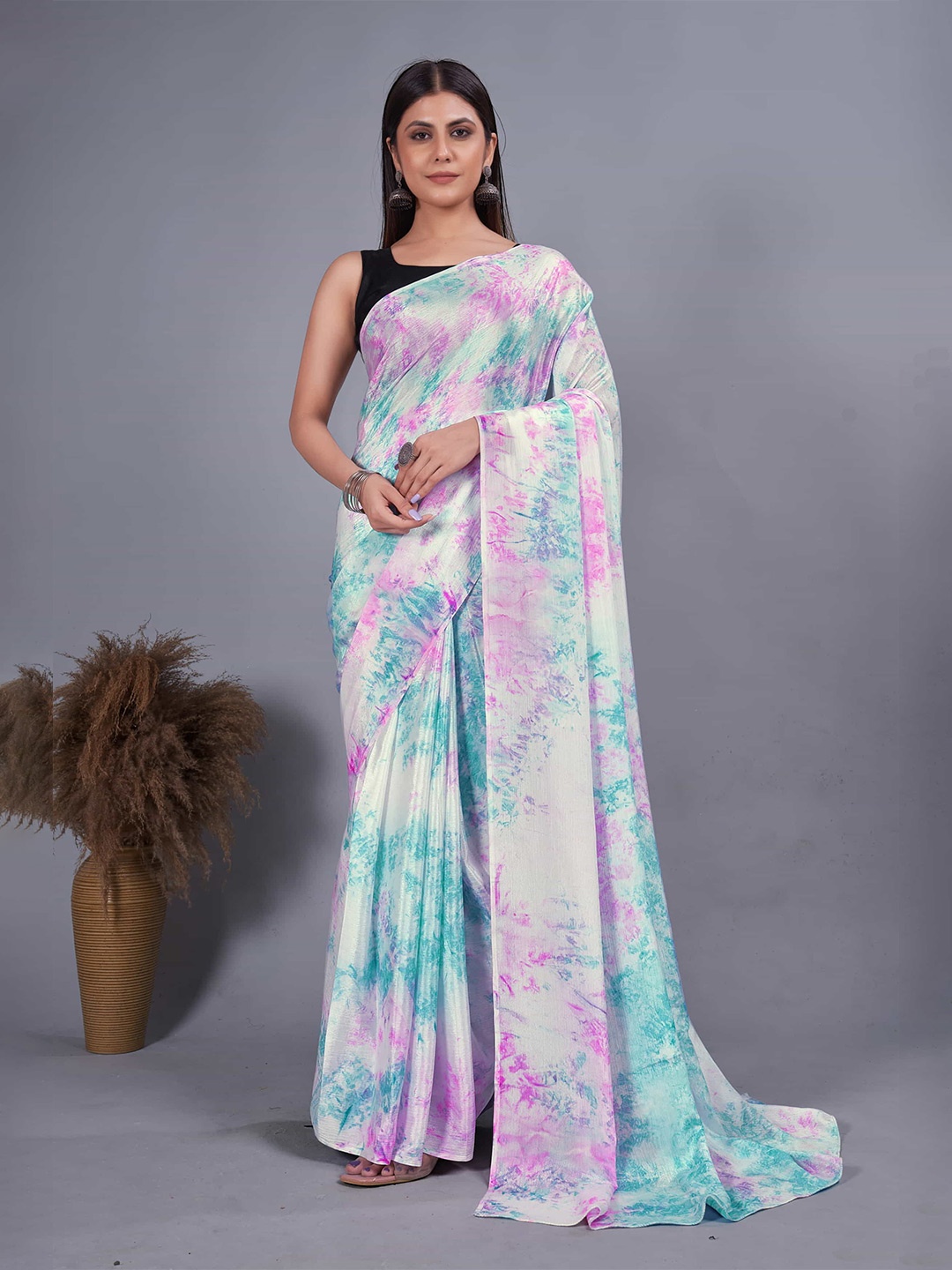

KALINI Tie and Dye Pure Chiffon Ready to Wear Saree, White