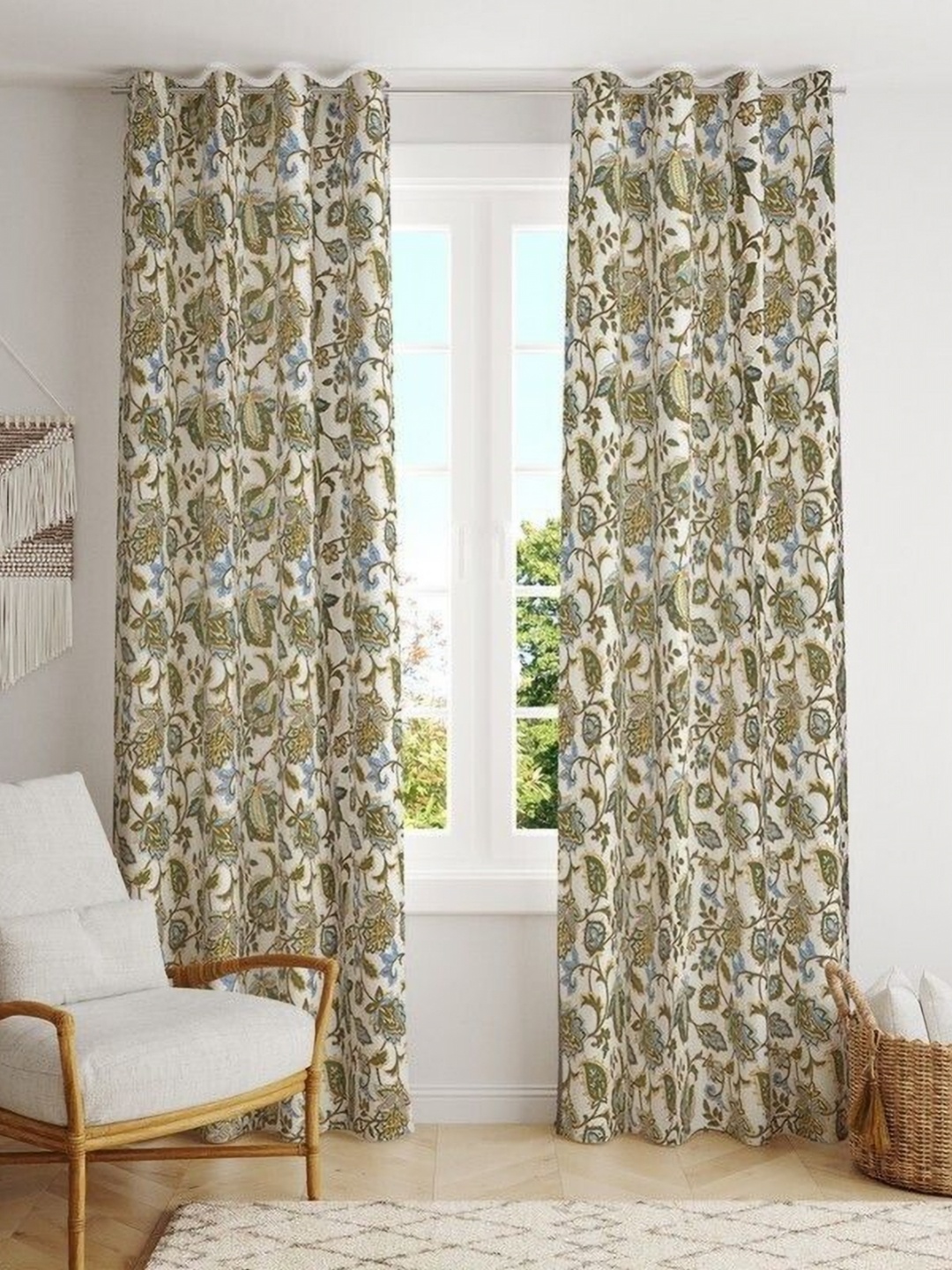 

BILBERRY Furnishing by preeti grover Beige & Green Set of 2 Floral Room Darkening Window Curtain