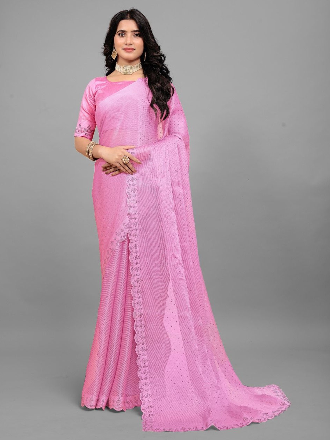 

DHRUTI CREATION Embellished Beads and Stones Saree, Pink