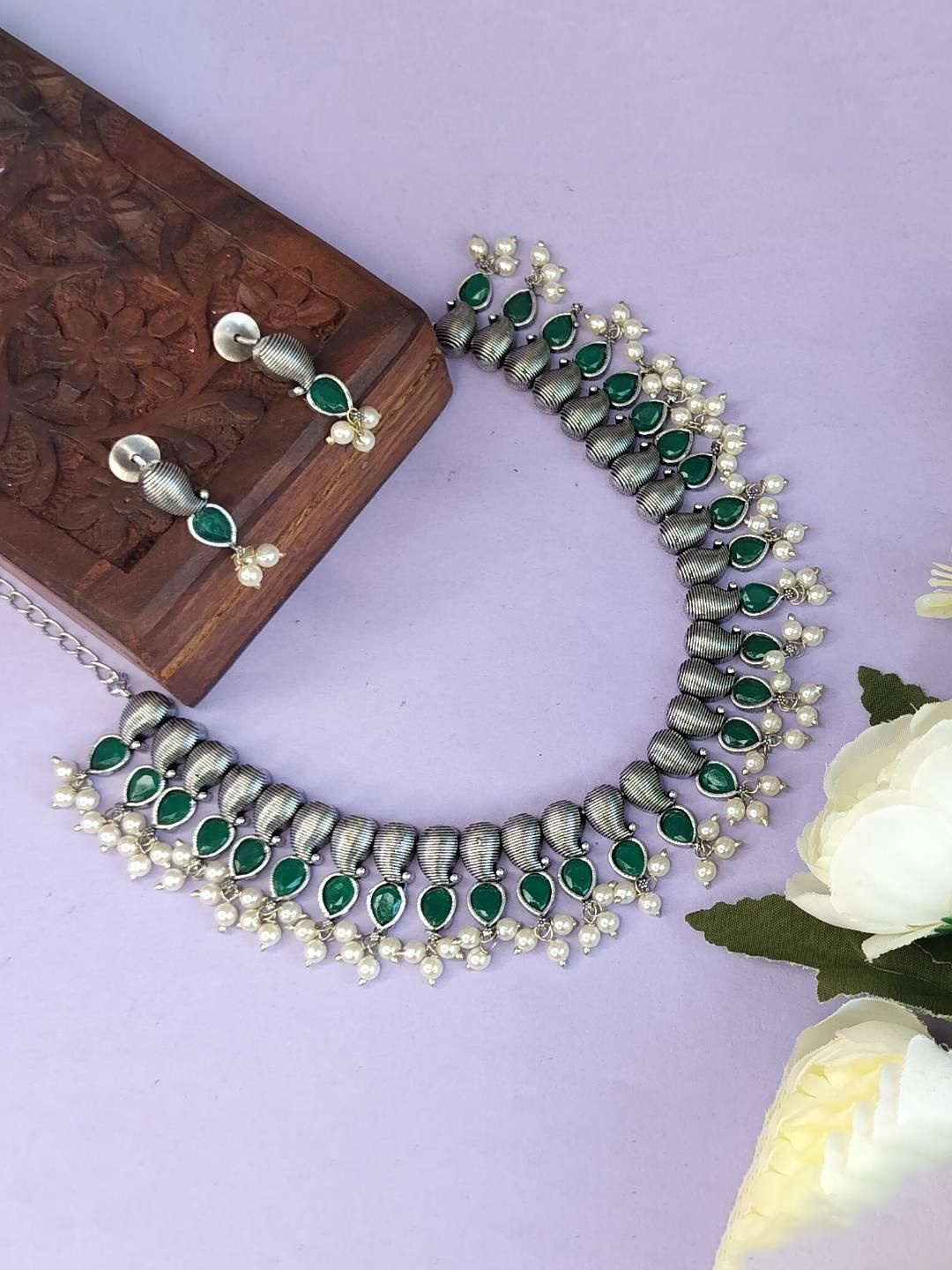 

Efulgenz Rhodium-Plated Crystal Studded Oxidized Jewellery Set, Silver