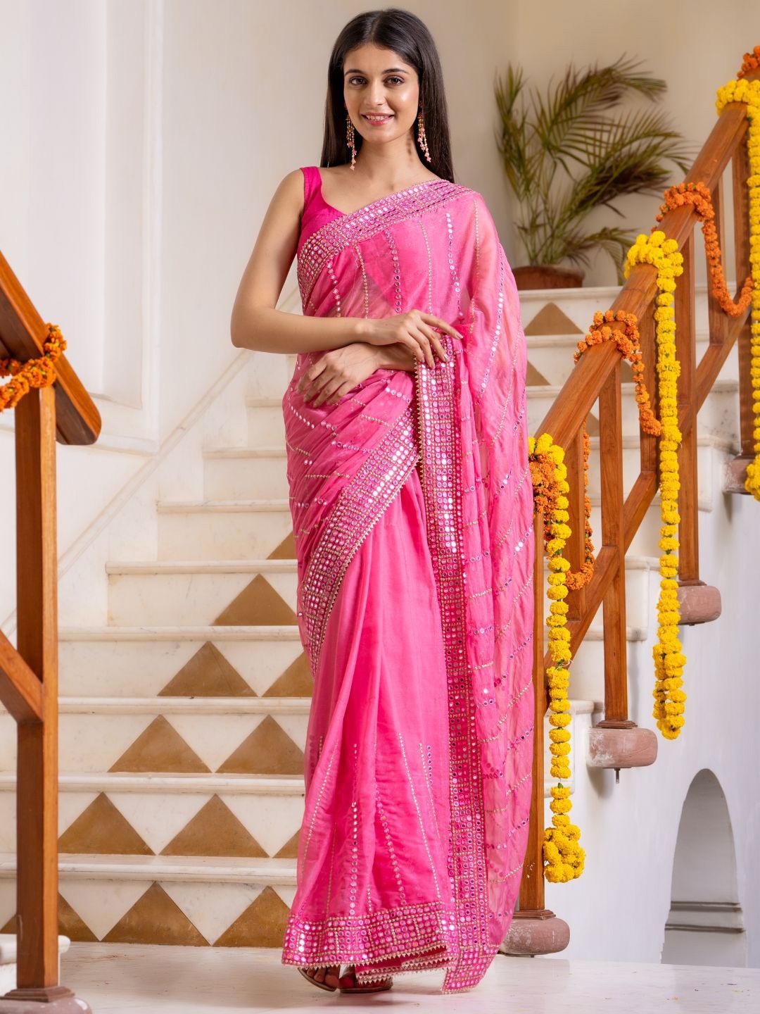 

HOUSE OF JAMOTI Striped Mirror Work Pure Chiffon Heavy Work Saree, Pink
