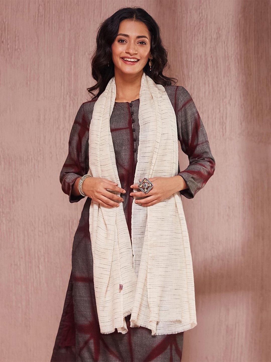 

Fabindia Women Striped Woven Design Stole, Beige