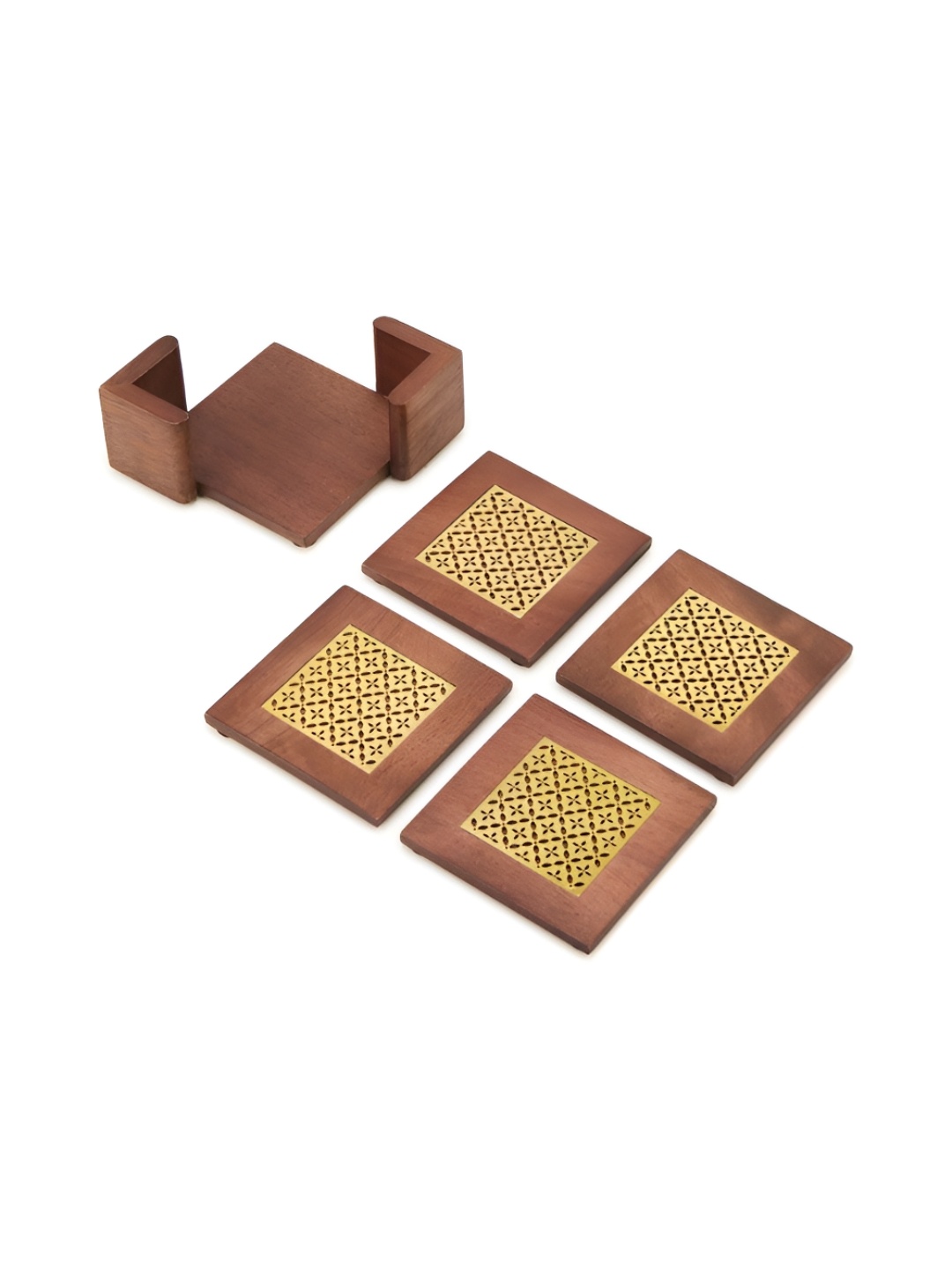 

Fabindia 4-Pcs Brown Textured Brass & Metal Coasters With Holder, Gold