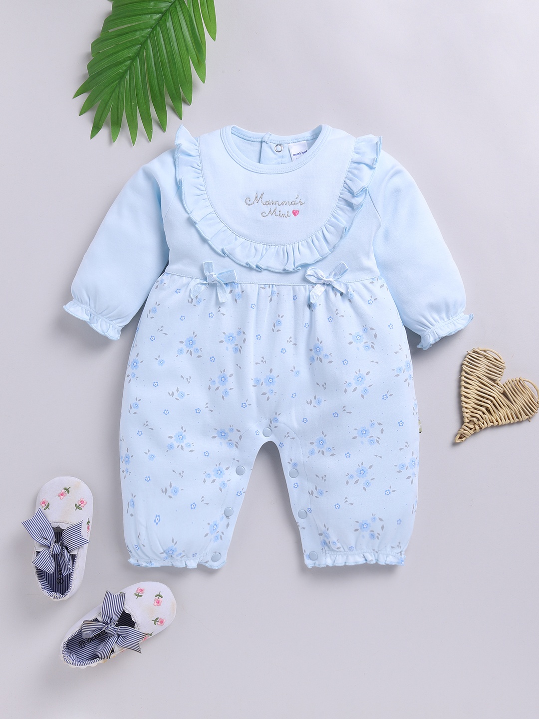 

Moms Love Infants Girls Floral Print Pure Cotton Rompers With Ruffle Detail, Blue