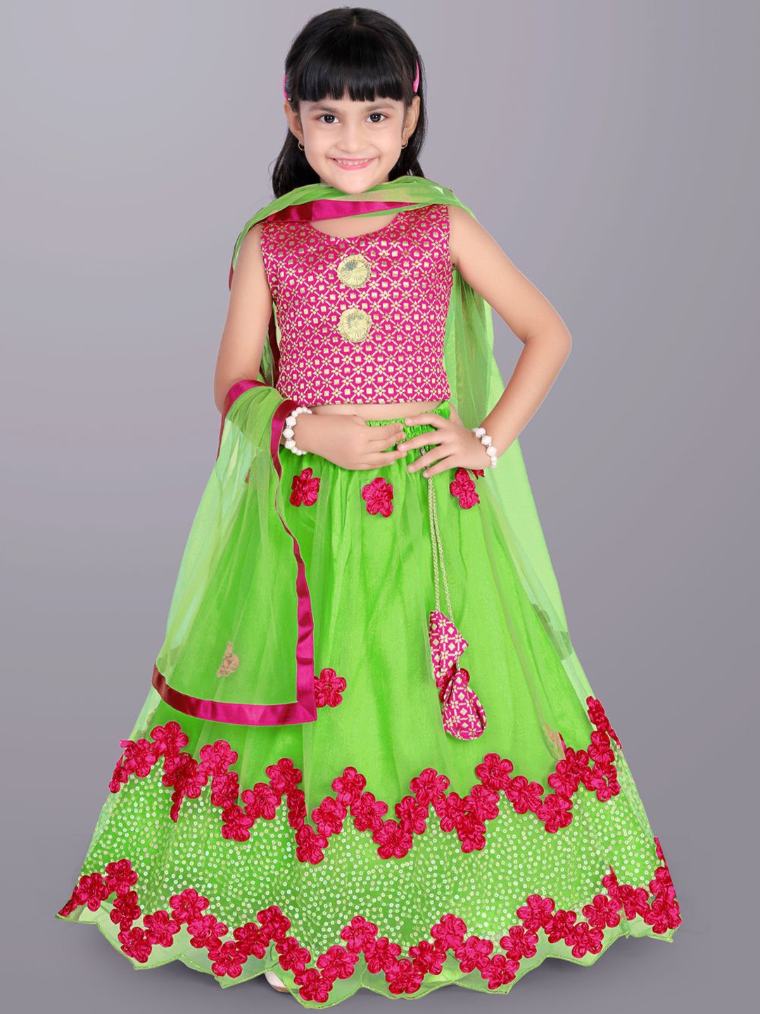 

BAESD Girls Embroidered Sequinned Ready to Wear Lehenga & Blouse With Dupatta, Lime green