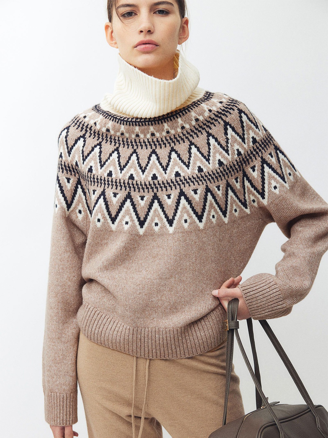 

H&M Jacquard-Knit Polo-Neck Jumper, Beige