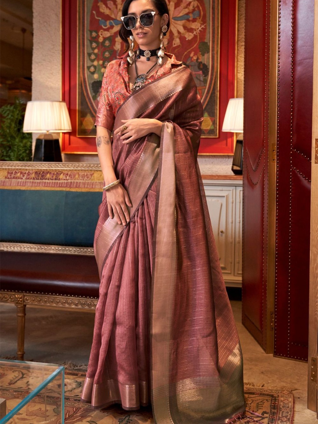 

DEVATITHI Woven Design Zari Poly Chiffon Saree, Orange