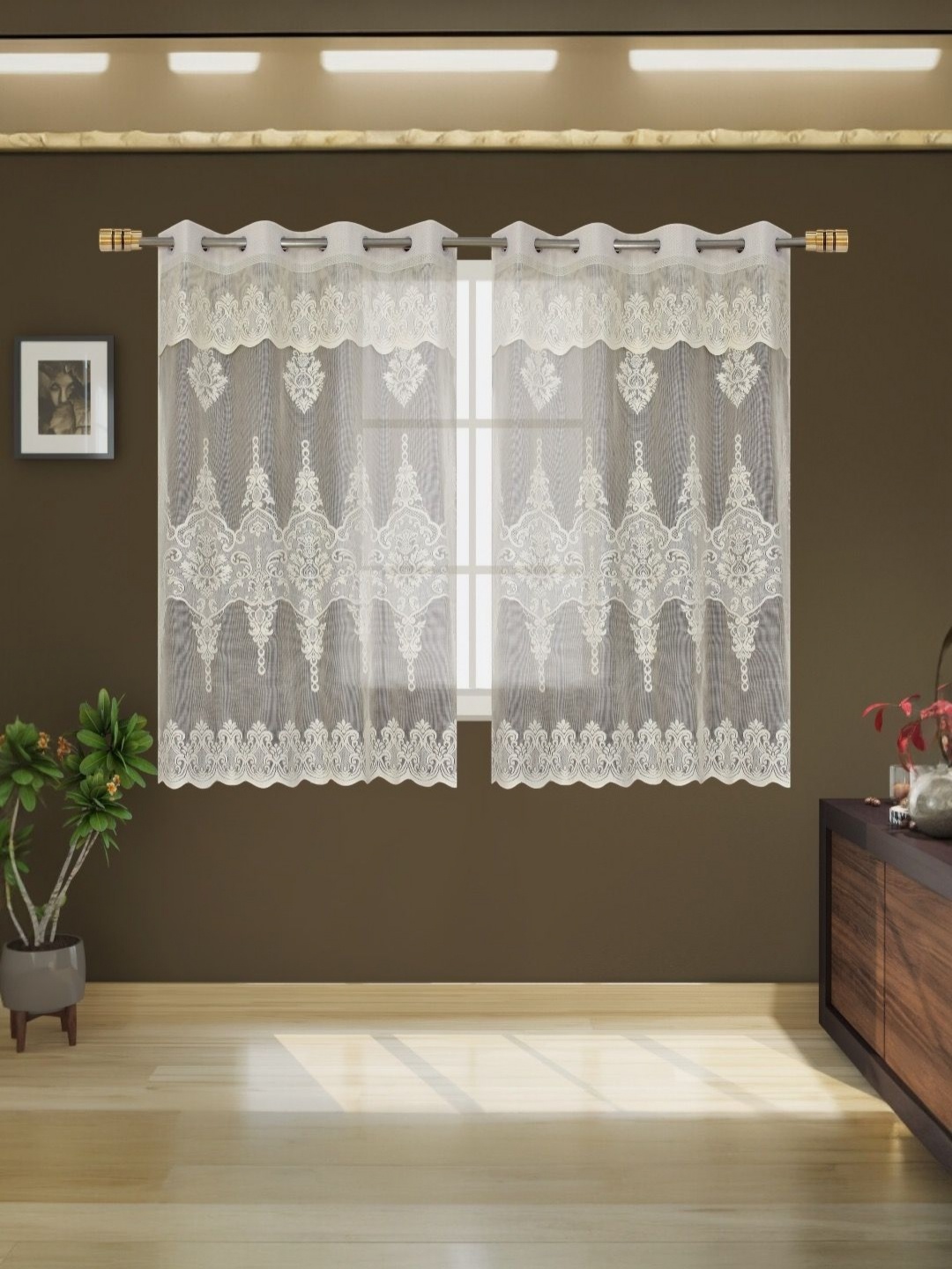 

BIGGER FISH Cream-Coloured Set of 2 Floral Sheer Window Curtain