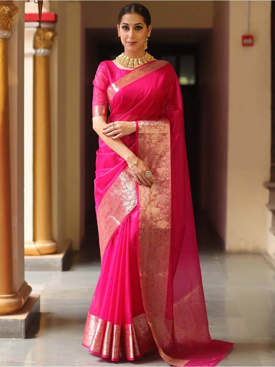 

KALINI Zari Organza Kanjeevaram Saree, Pink