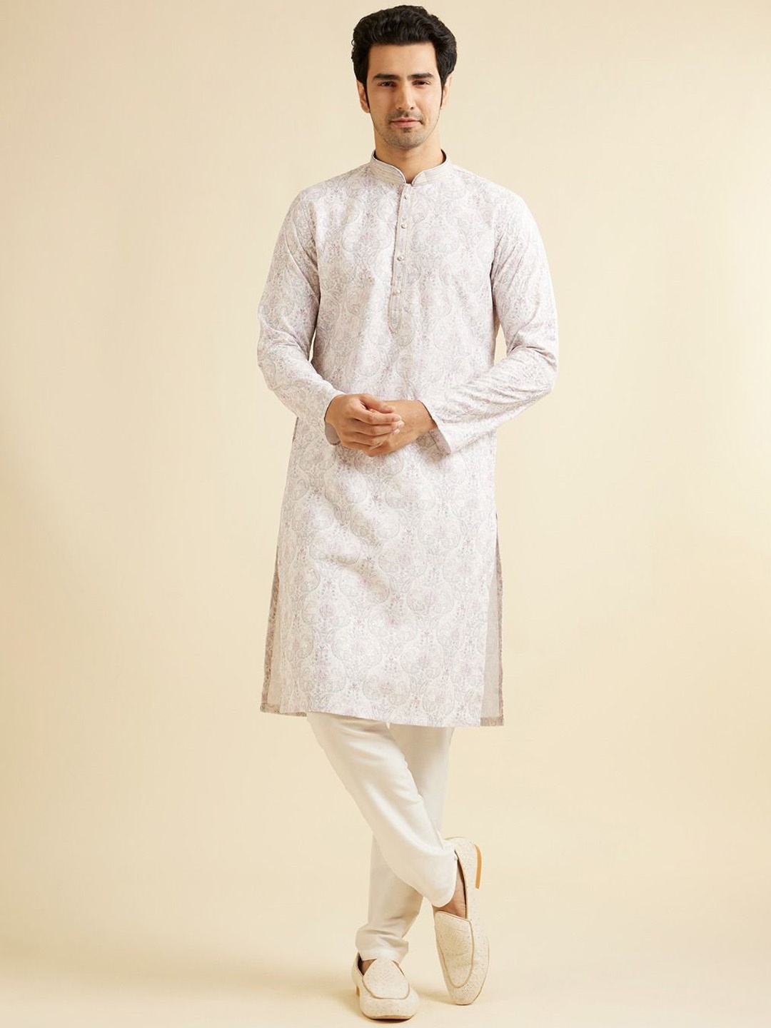 

Manyavar Men Paisley Embroidered Regular Sequinned Kurta with Pyjamas, Pink